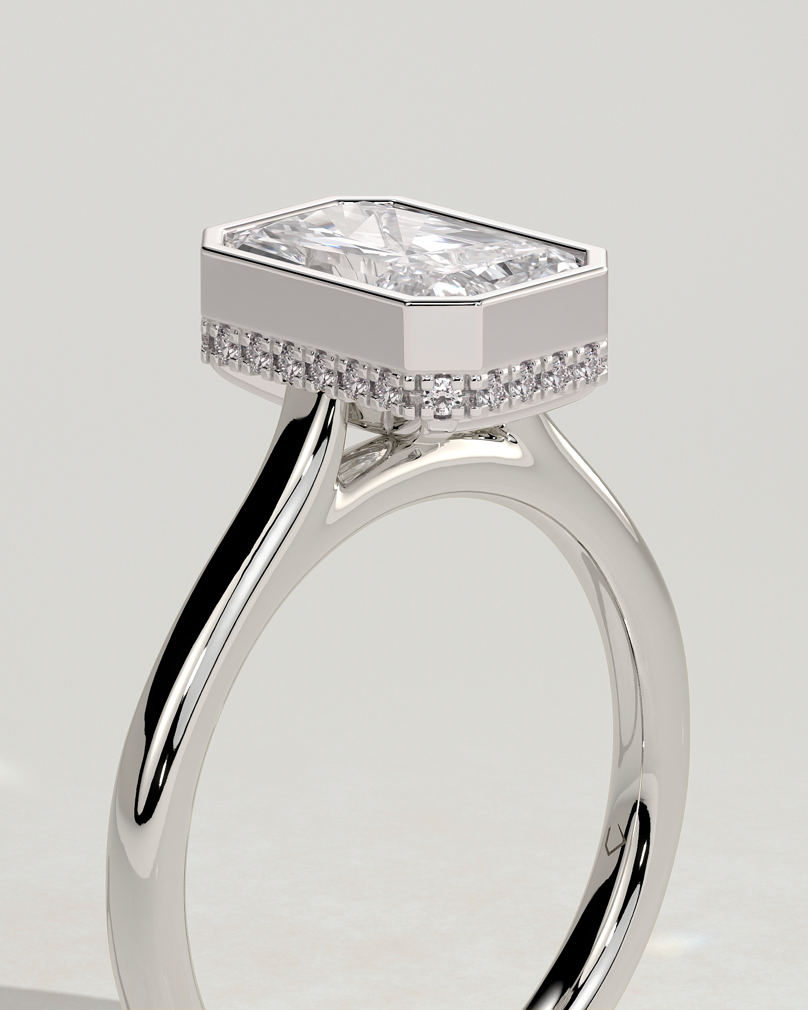 Bennie - Radiant Bezel Cathedral Solitaire with Hidden Halo - 18k White Gold