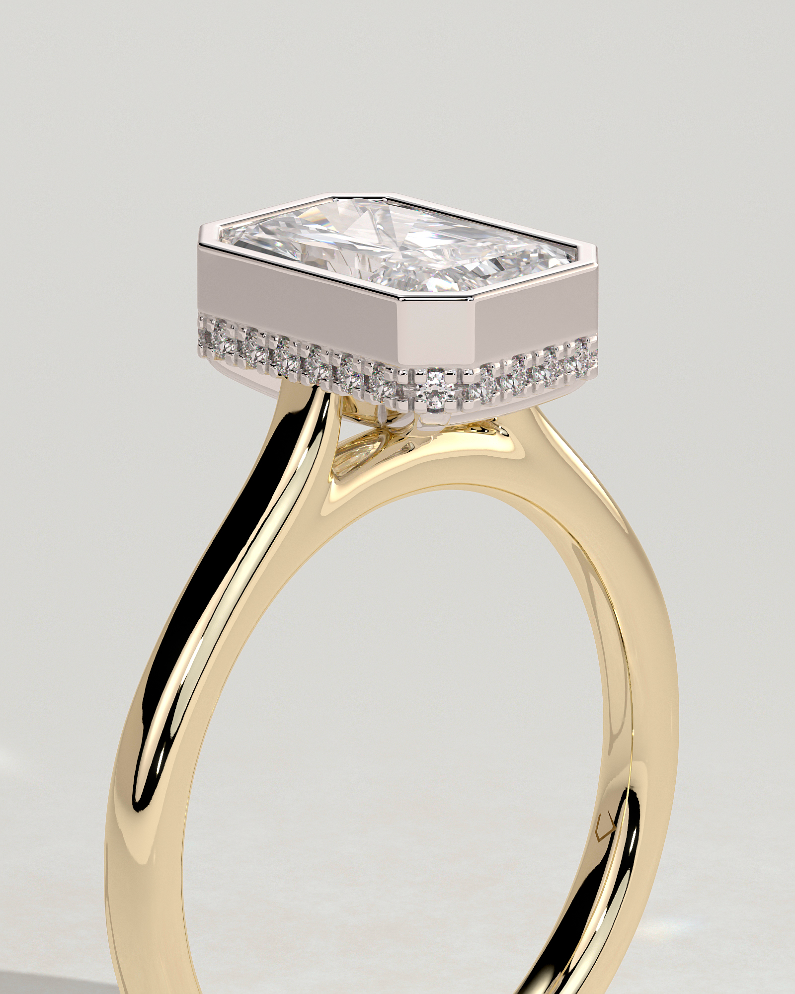 Bennie - Radiant Bezel Cathedral Solitaire with Hidden Halo - 18k Yellow Gold / 18k White Gold