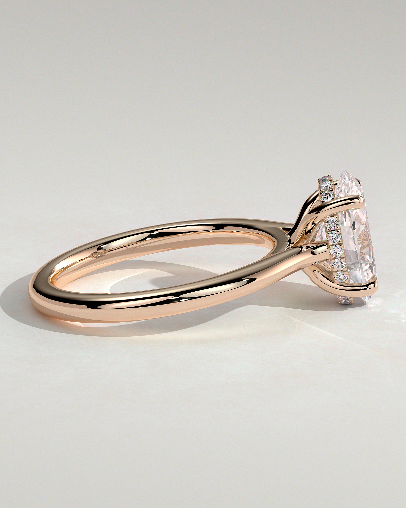 Bethany - Oval 4 Claw Solitaire with Hidden Halo, Tapered Band and Cathedral Setting Engagement Ring - 18k Rose Gold
