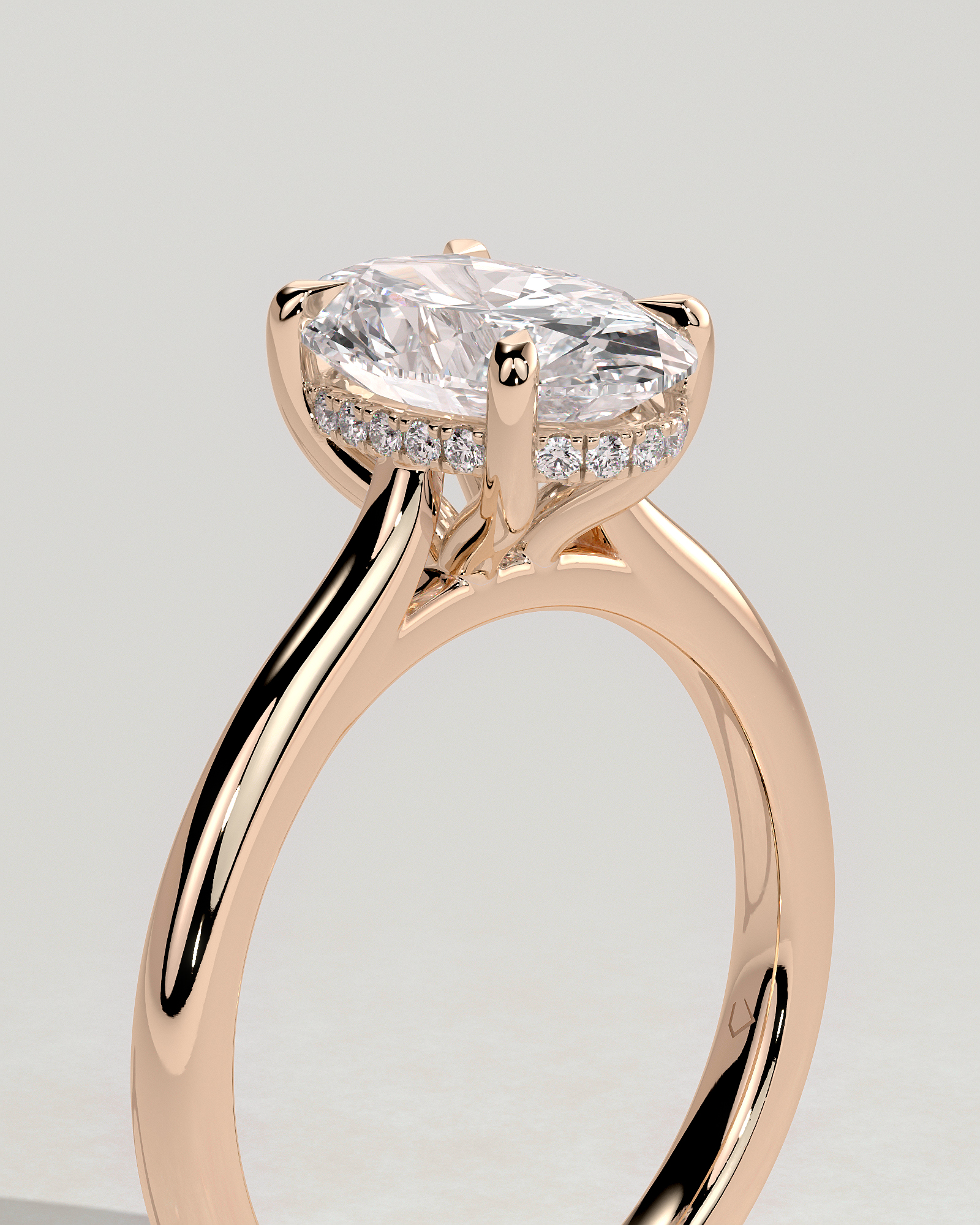 Bethany - Oval 4 Claw Solitaire with Hidden Halo, Tapered Band and Cathedral Setting Engagement Ring - 18k Rose Gold