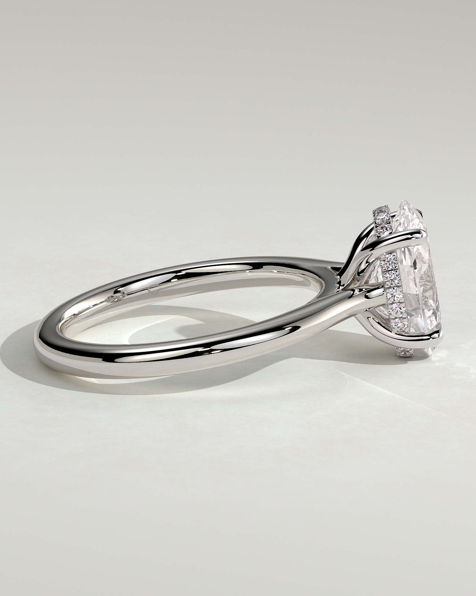 Bethany - Oval 4 Claw Solitaire with Hidden Halo, Tapered Band and Cathedral Setting Engagement Ring - 18k White Gold