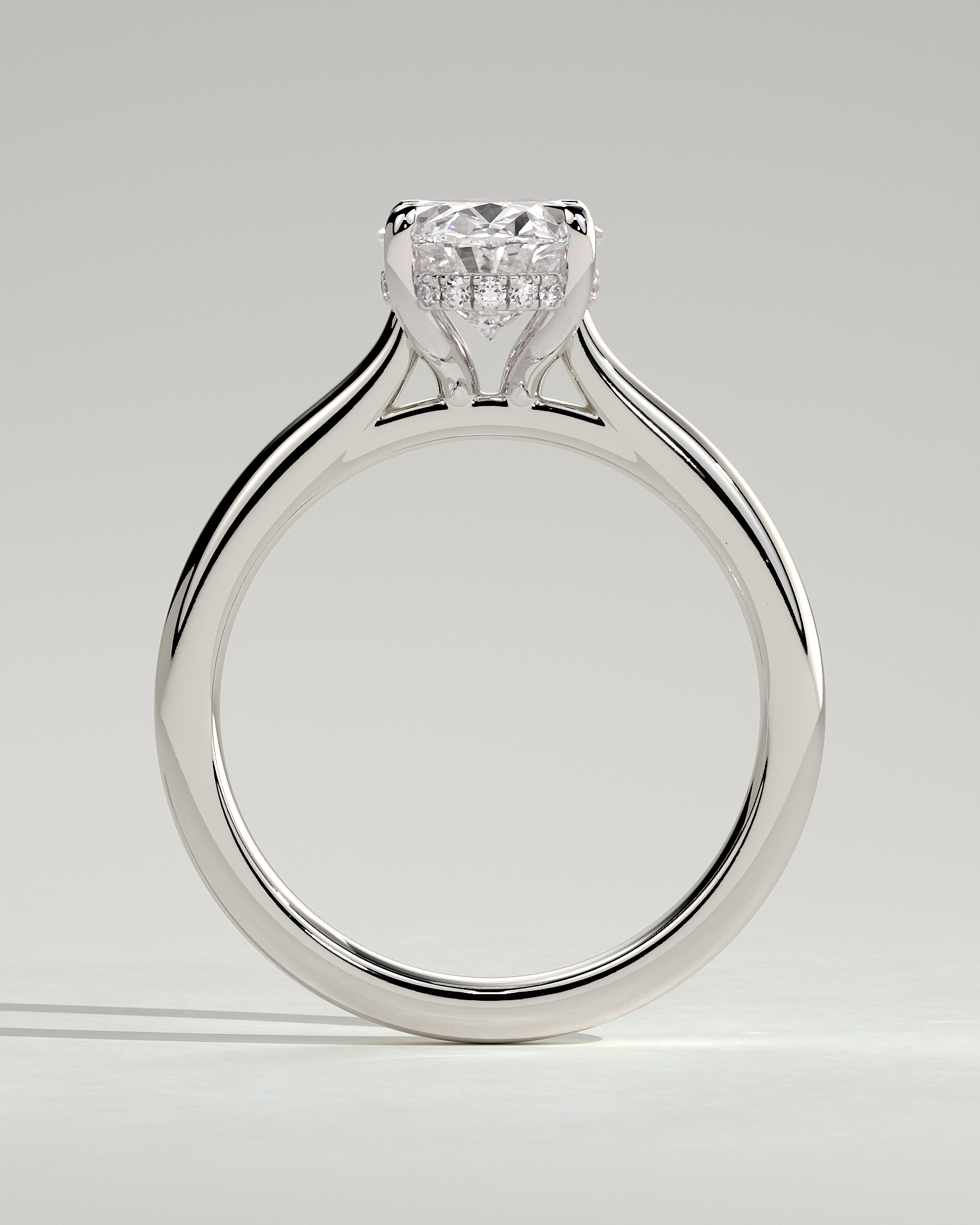 Bethany - Oval 4 Claw Solitaire with Hidden Halo, Tapered Band and Cathedral Setting Engagement Ring - 18k White Gold