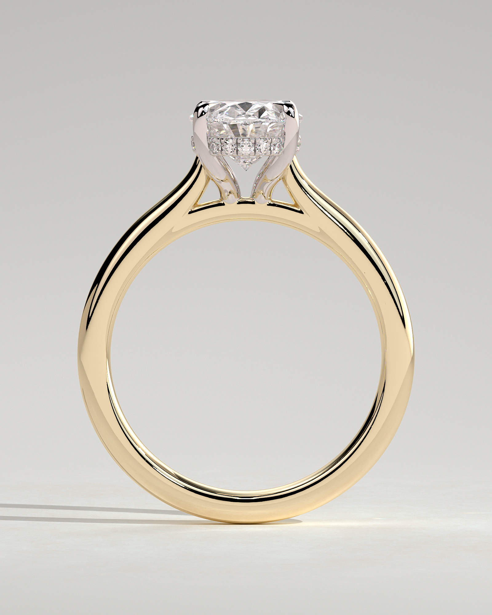 Bethany - Oval 4 Claw Solitaire with Hidden Halo, Tapered Band and Cathedral Setting Engagement Ring - 18k Yellow Gold / 18k White Gold