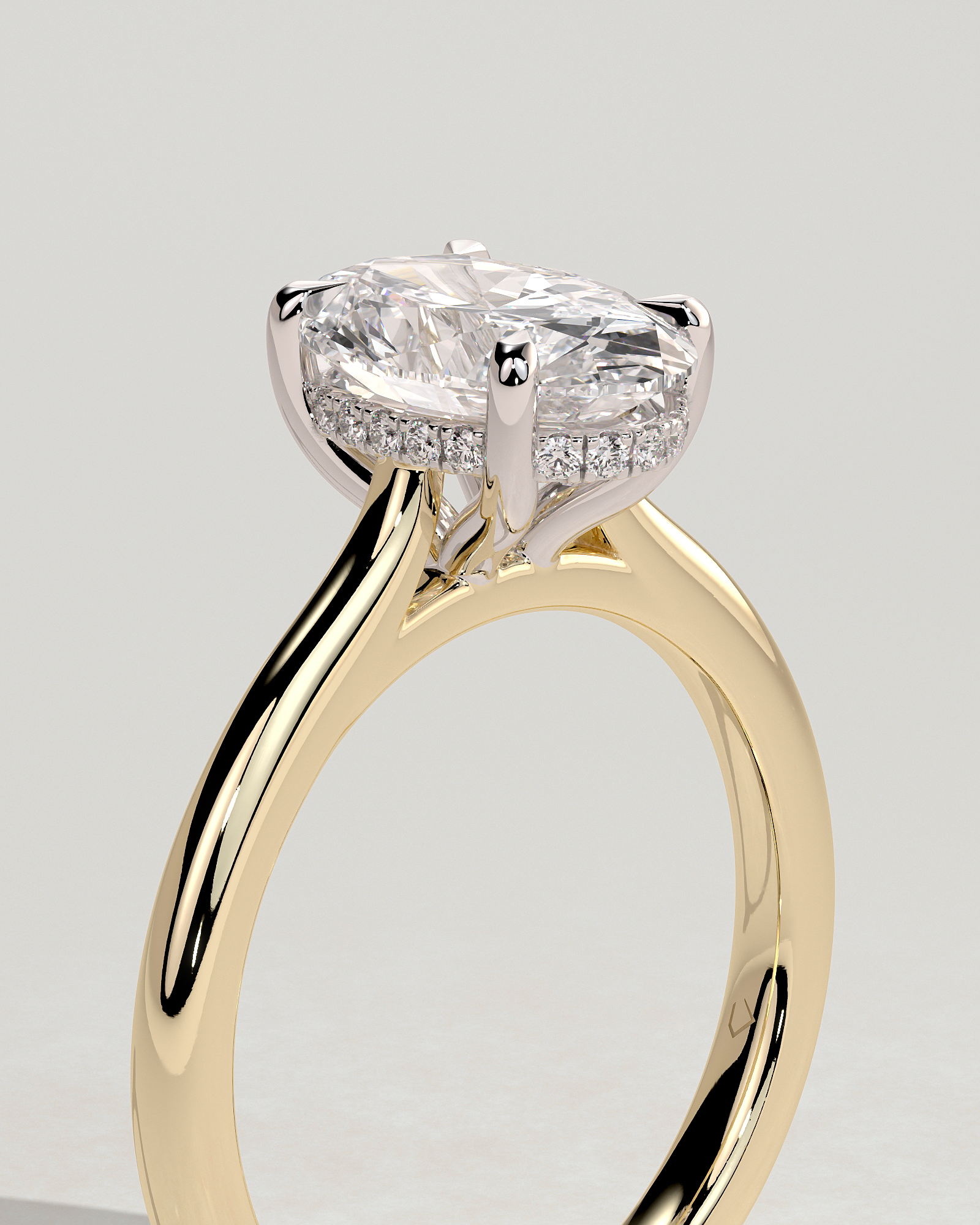 Bethany - Oval 4 Claw Solitaire with Hidden Halo, Tapered Band and Cathedral Setting Engagement Ring - 18k Yellow Gold / 18k White Gold