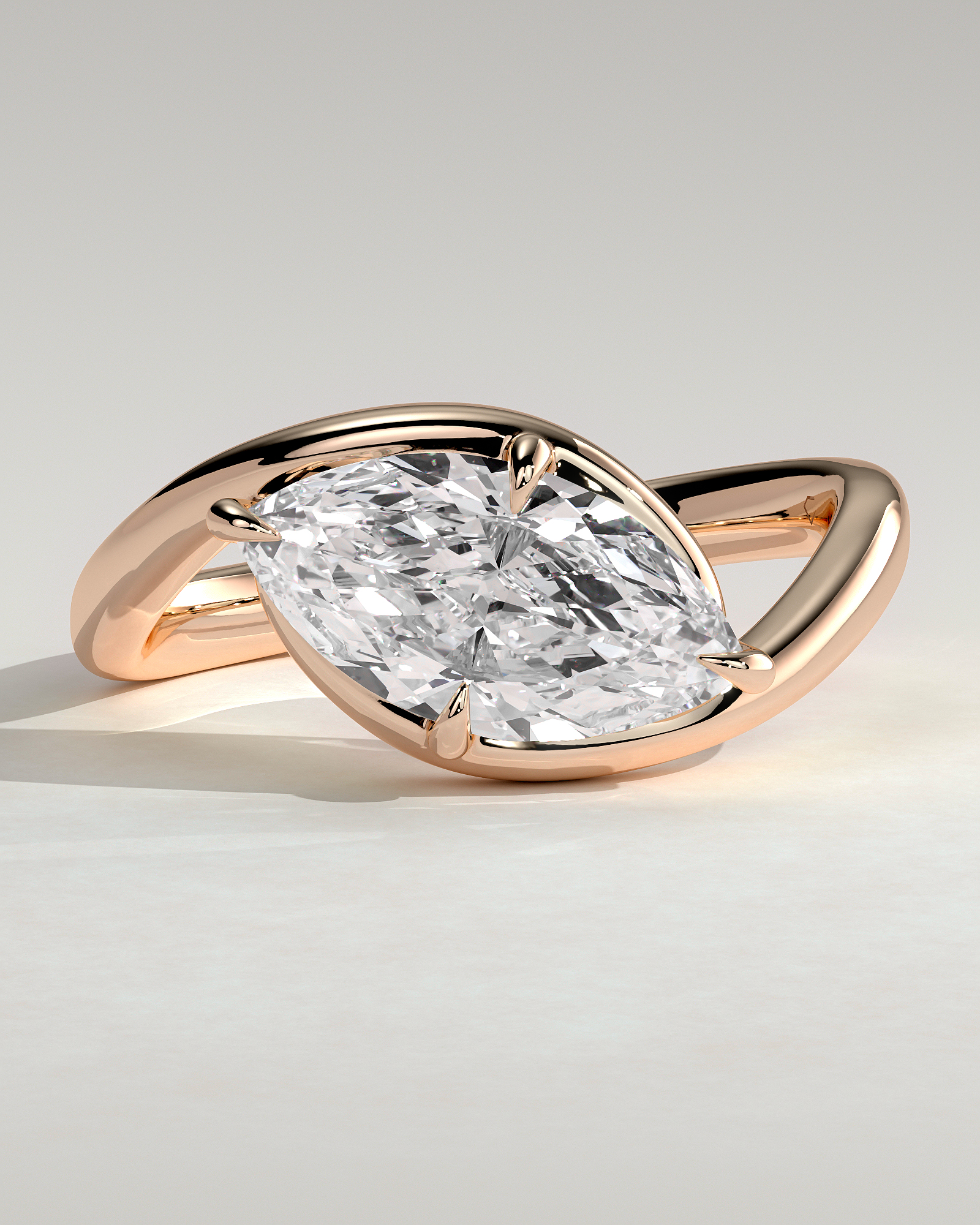 Marquise 4 Claw Solitaire with Bypass Band and East West Setting Engagement Ring - 18k Rose Gold
