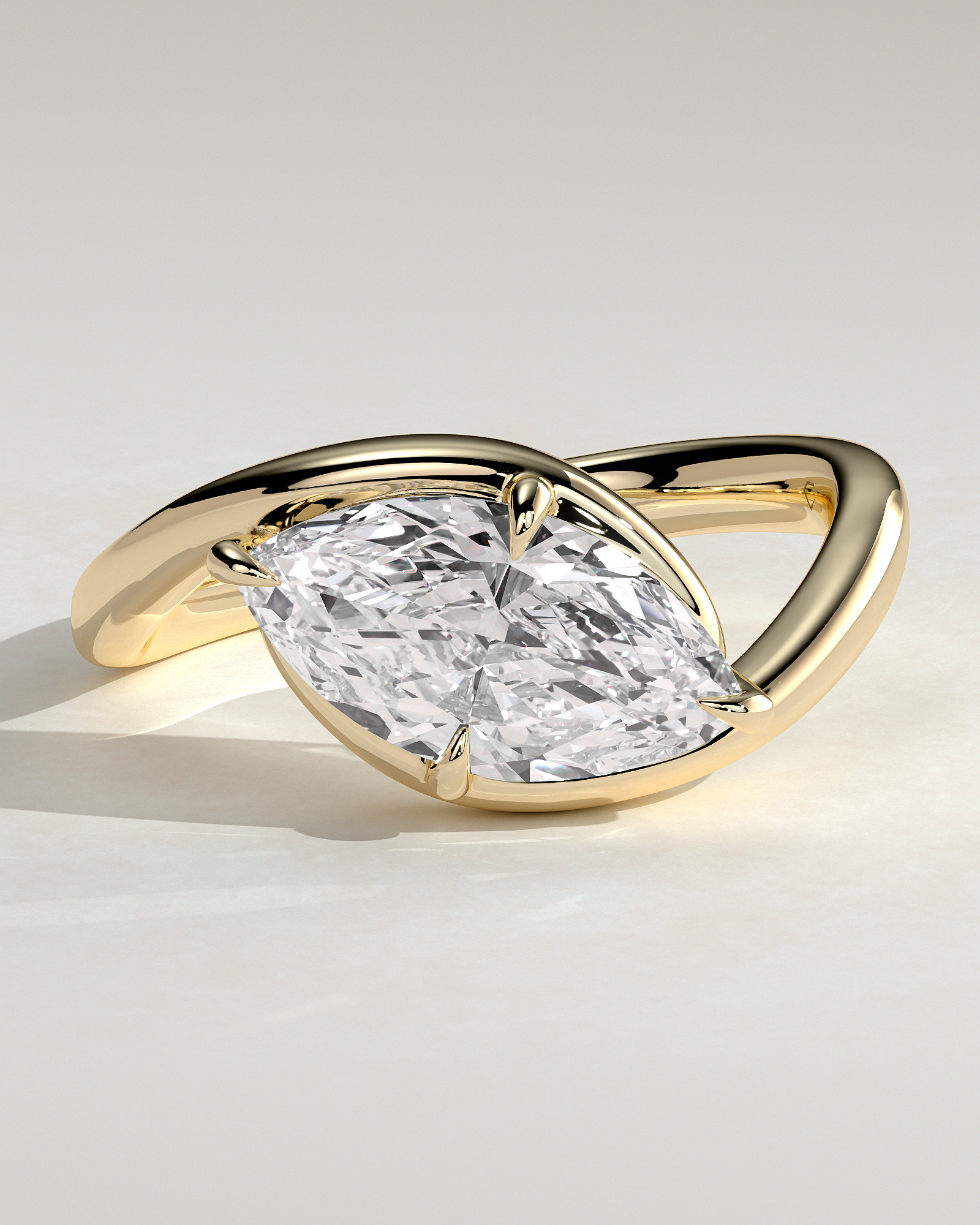 Marquise 4 Claw Solitaire with Bypass Band and East West Setting Engagement Ring - 18k Yellow Gold
