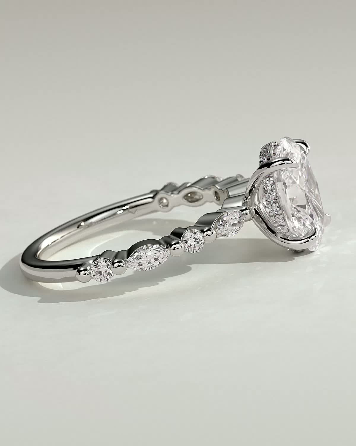 Brandi - Oval Solitaire with Accent Stones and Hidden Halo - 18k White Gold