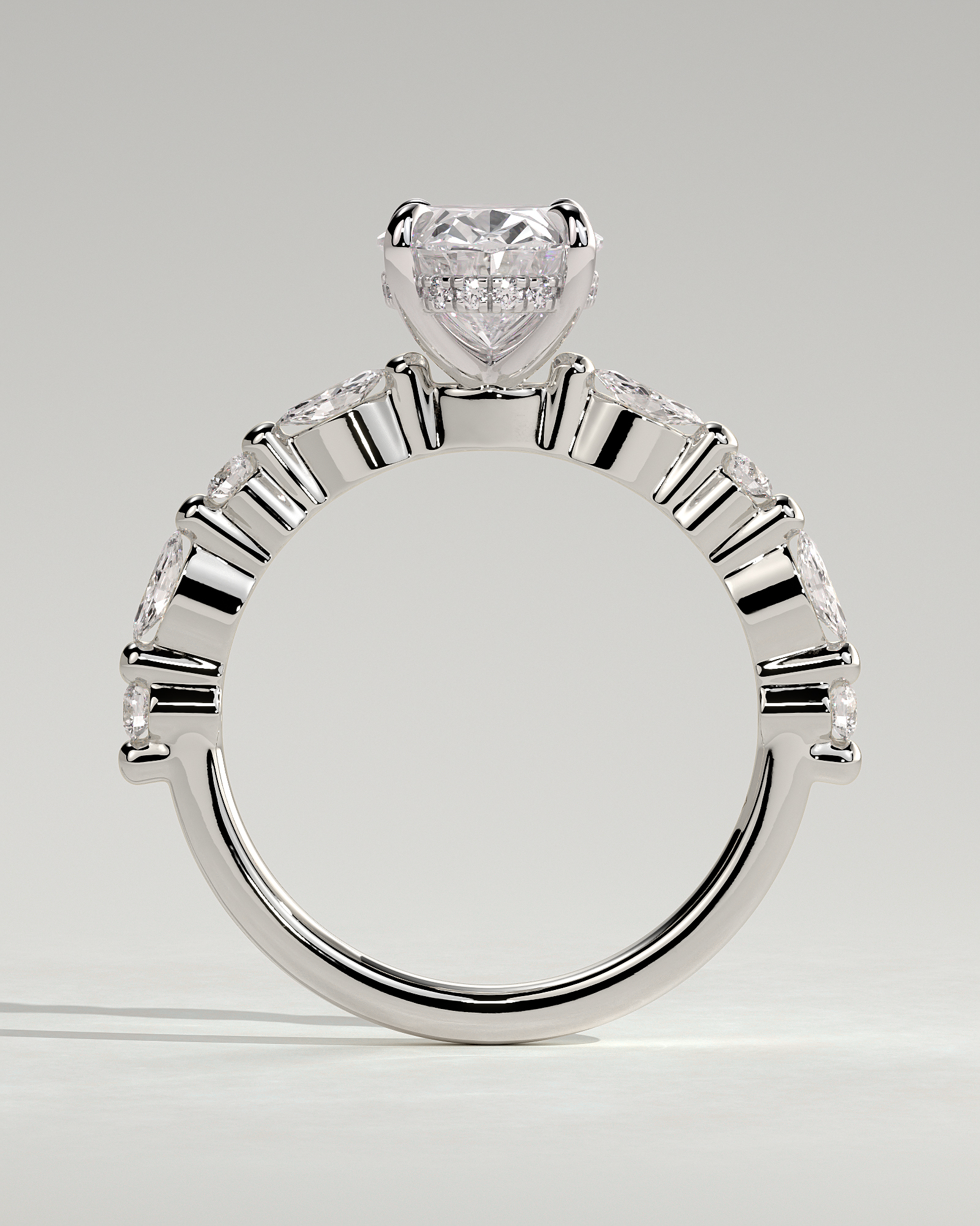Brandi - Oval Solitaire with Accent Stones and Hidden Halo - 18k White Gold