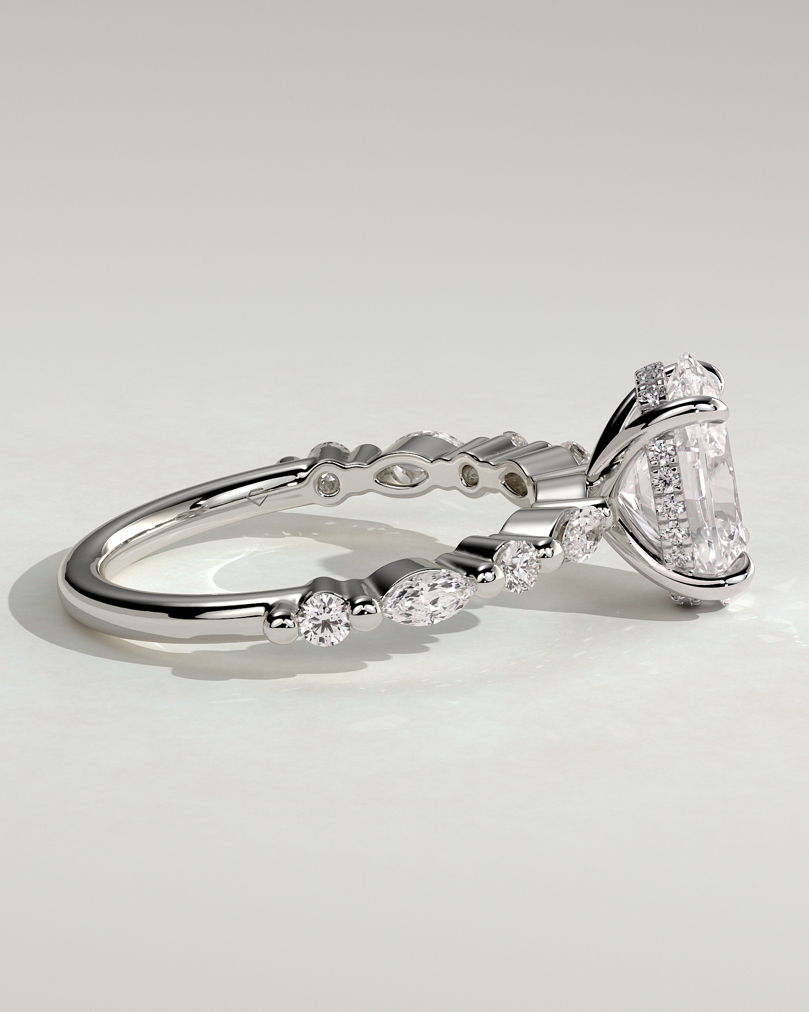 Brandi - Oval Solitaire with Accent Stones and Hidden Halo - 18k White Gold