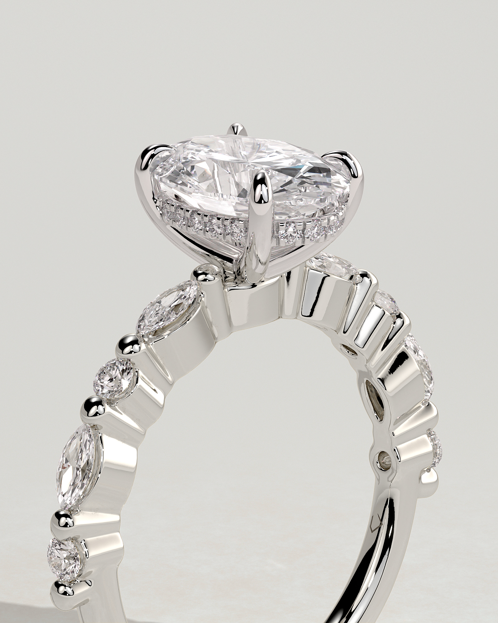 Brandi - Oval Solitaire with Accent Stones and Hidden Halo - 18k White Gold