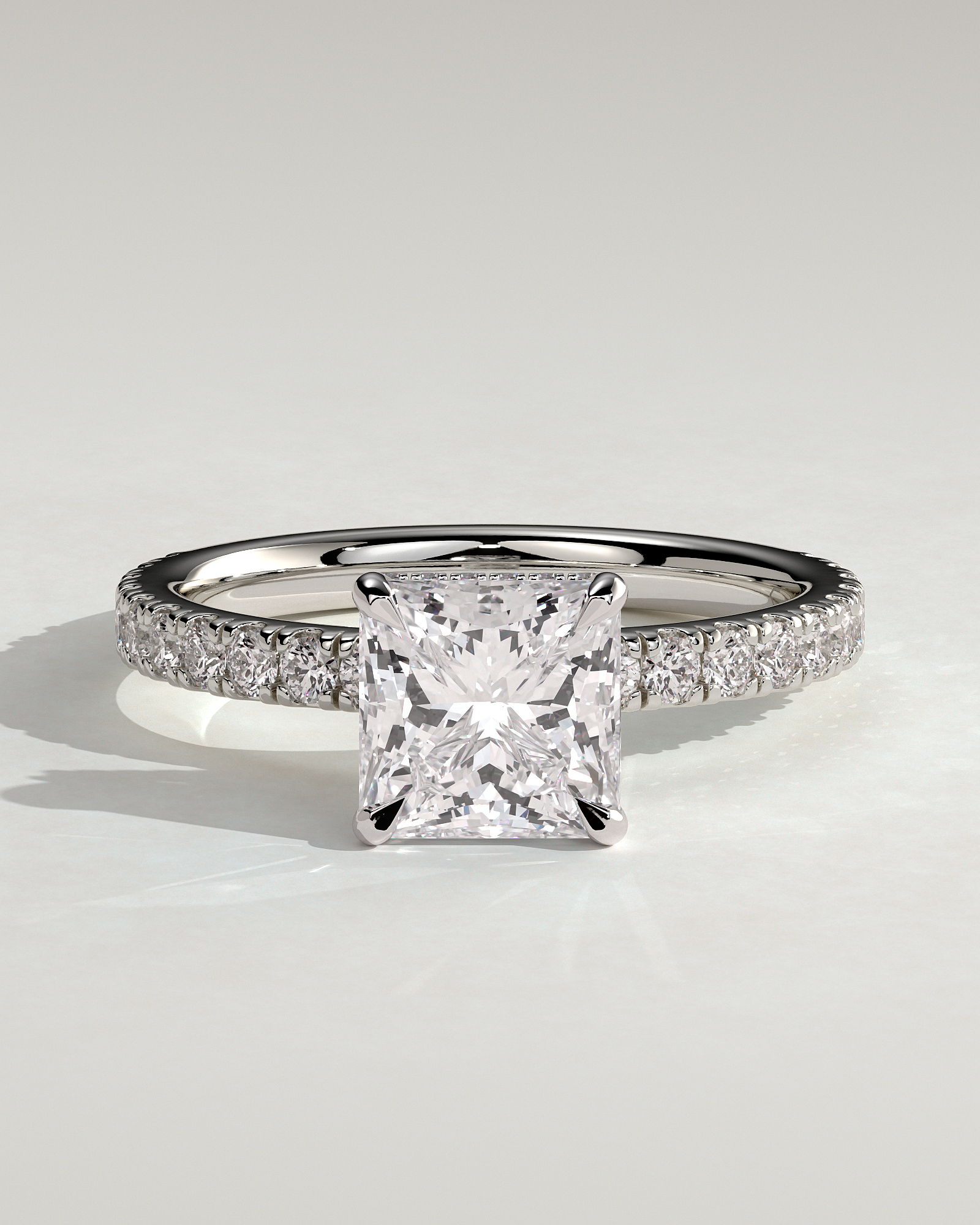 Brooklyn - Princess Solitaire with Hidden Halo and Half Pave - 18k White Gold