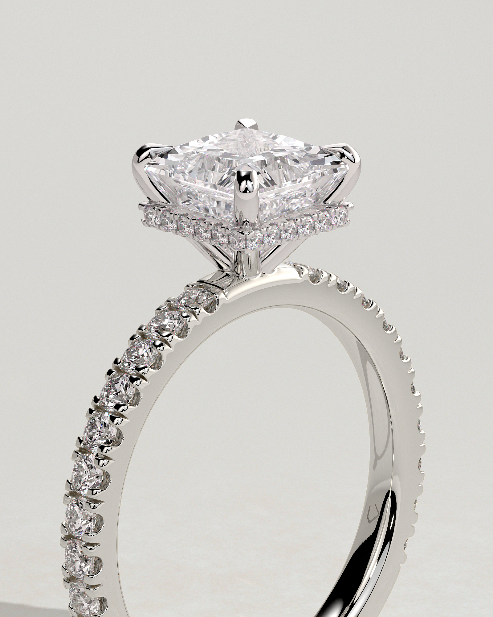 Brooklyn - Princess Solitaire with Hidden Halo and Half Pave - 18k White Gold