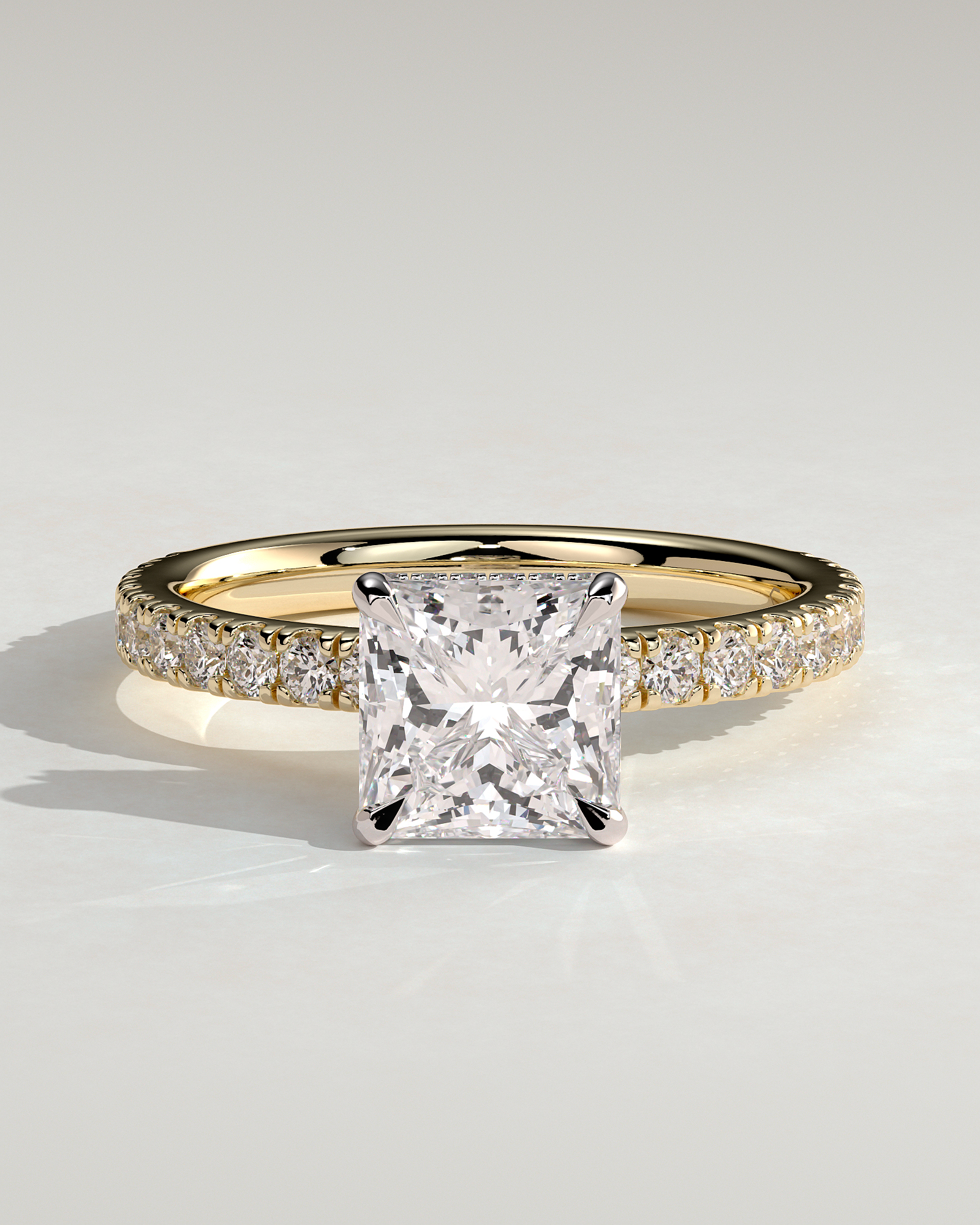 Brooklyn - Princess Solitaire with Hidden Halo and Half Pave - 18k Yellow Gold / 18k White Gold