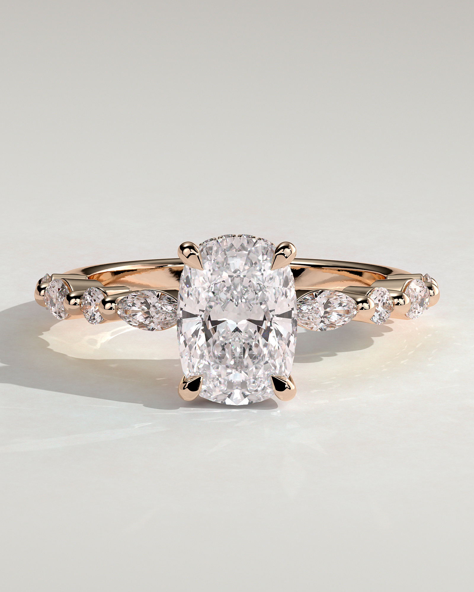 Cali - 4 Claw Elongated Cushion Solitaire with Accent Stones - 18k Rose Gold