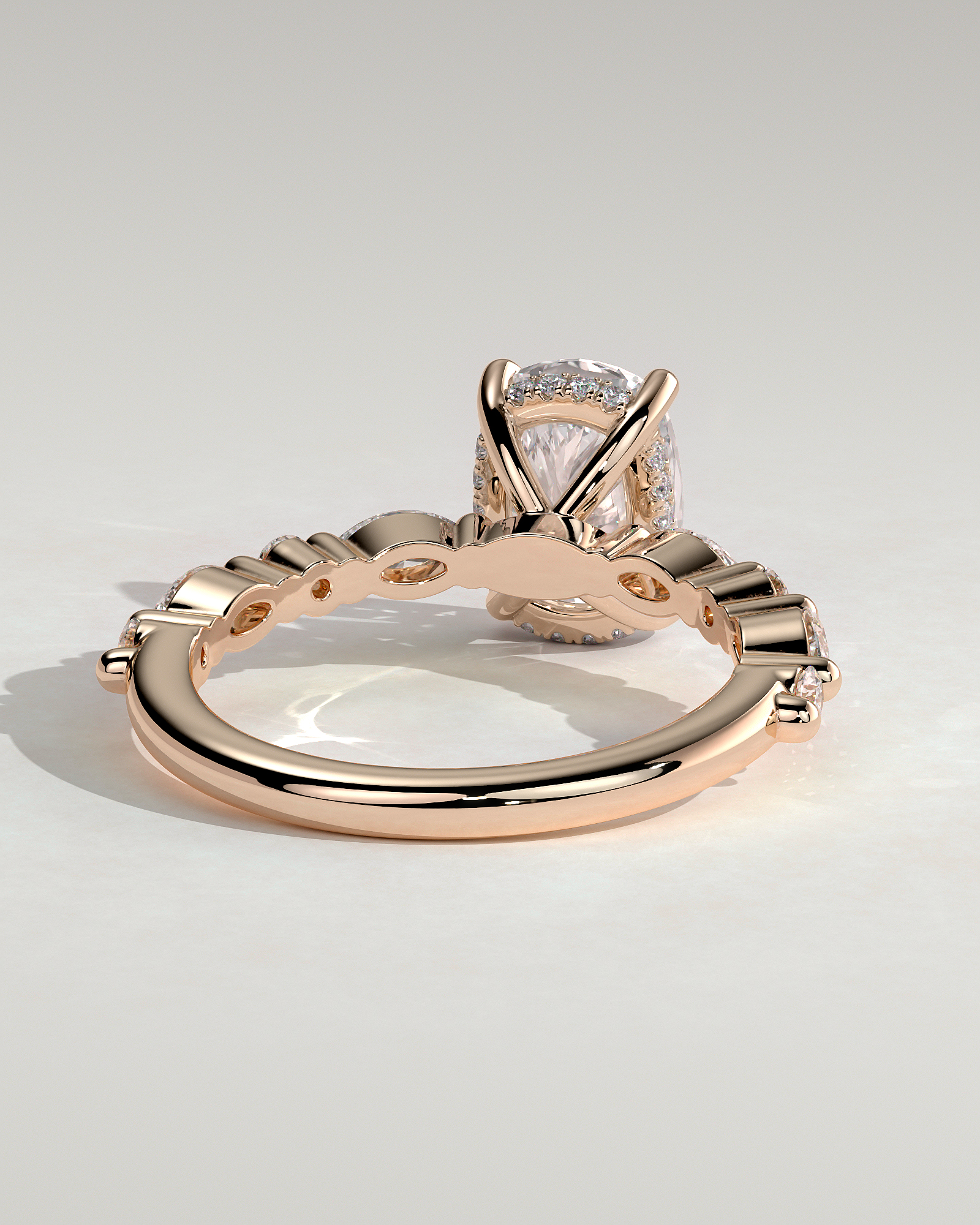 Cali - 4 Claw Elongated Cushion Solitaire with Accent Stones - 18k Rose Gold
