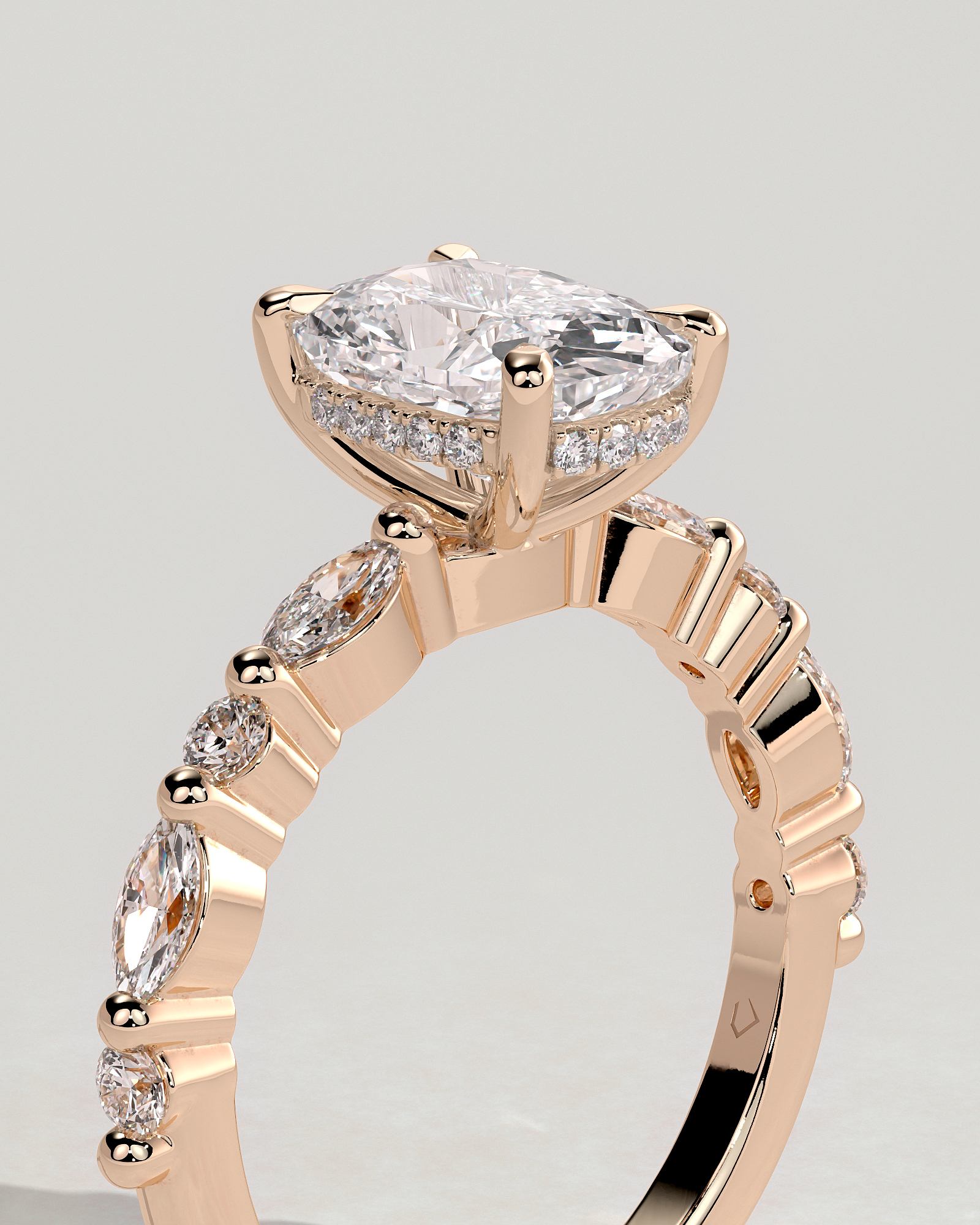 Cali - 4 Claw Elongated Cushion Solitaire with Accent Stones - 18k Rose Gold