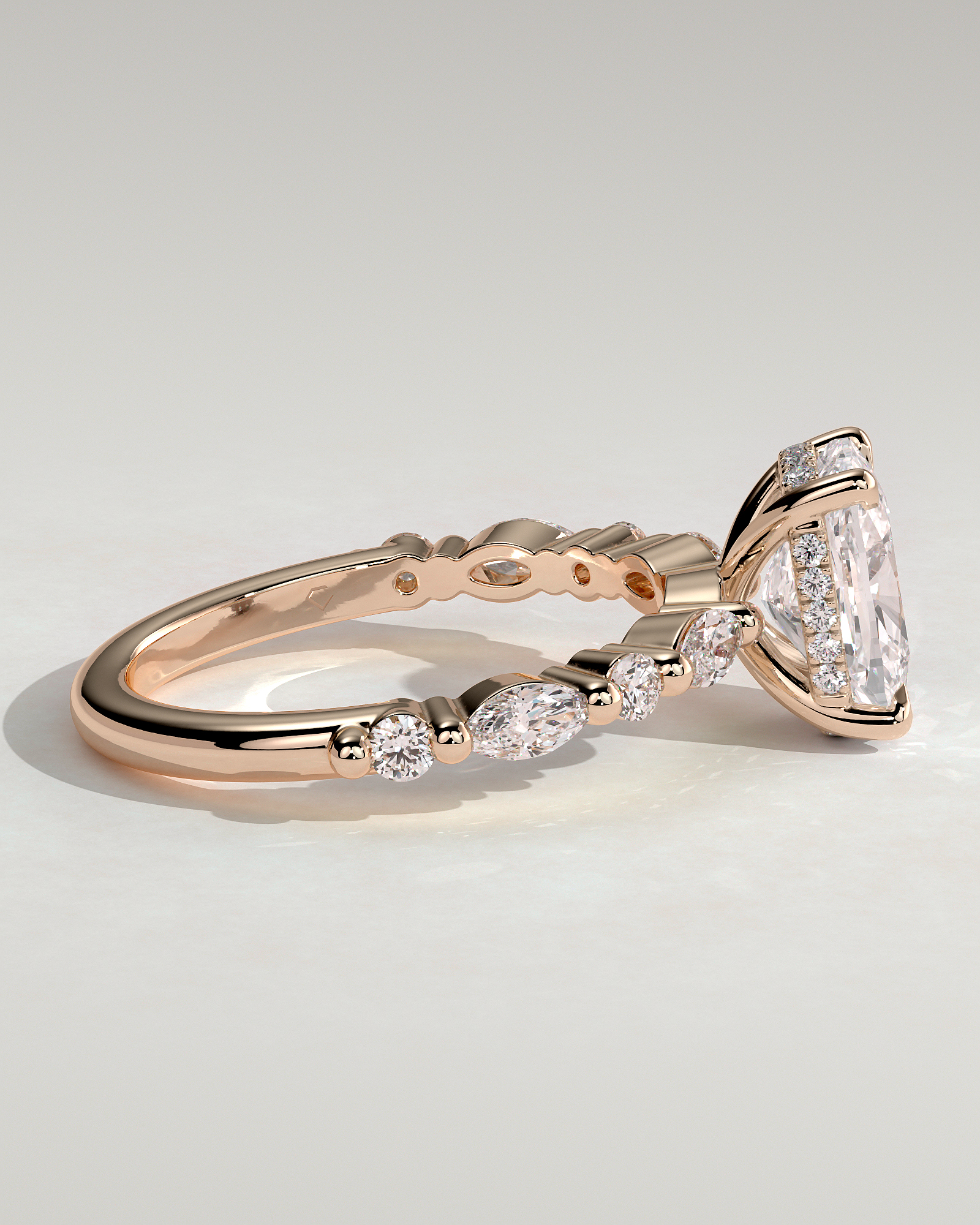 Cali - 4 Claw Elongated Cushion Solitaire with Accent Stones - 18k Rose Gold