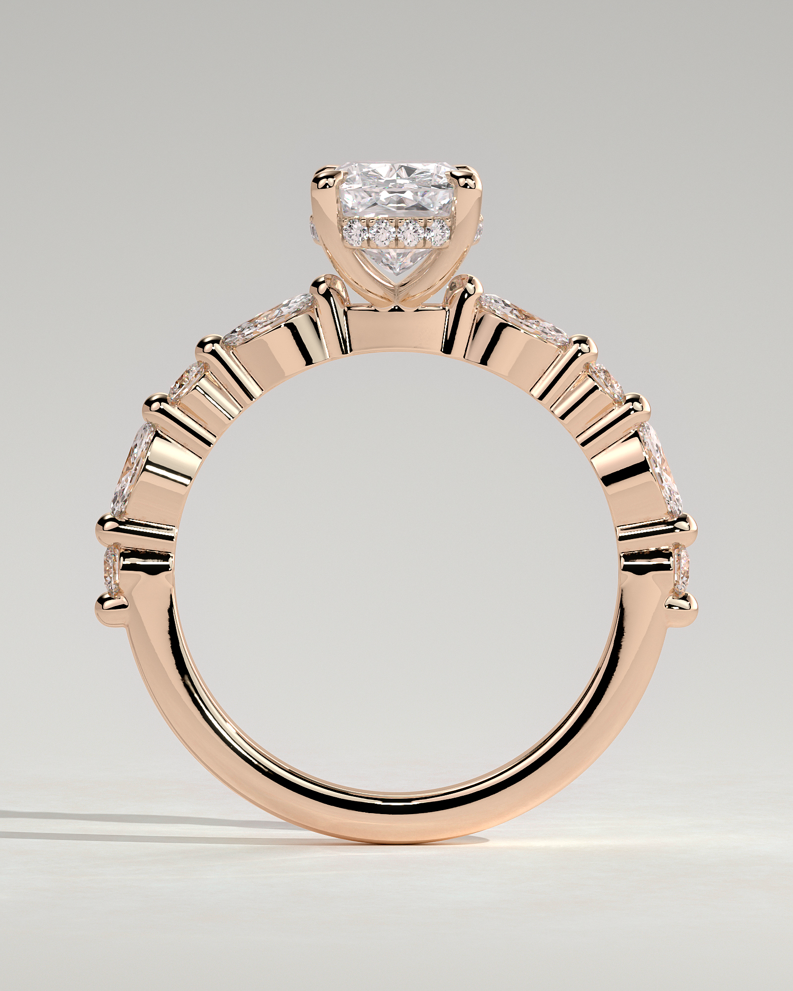Cali - 4 Claw Elongated Cushion Solitaire with Accent Stones - 18k Rose Gold