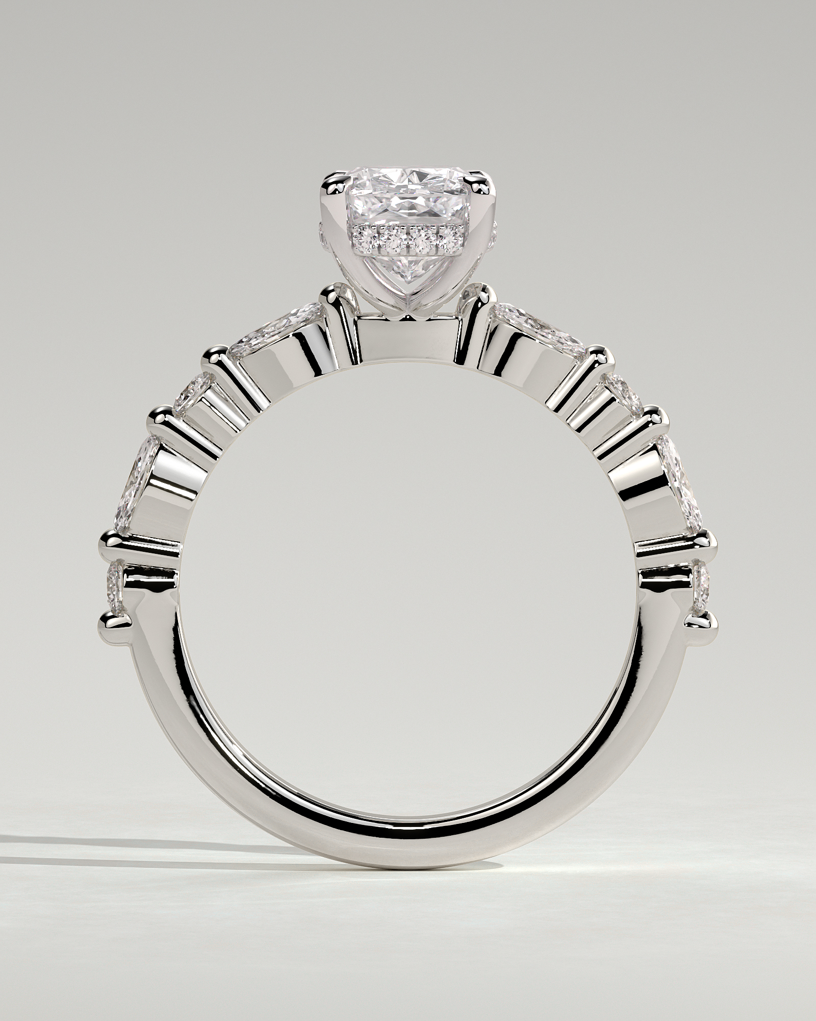 Cali - 4 Claw Elongated Cushion Solitaire with Accent Stones - 18k White Gold