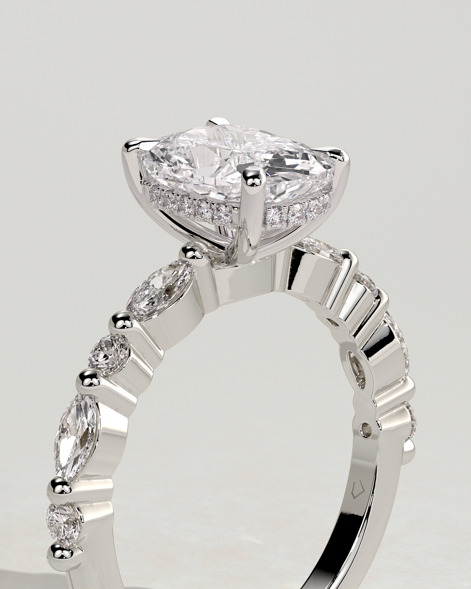 Cali - 4 Claw Elongated Cushion Solitaire with Accent Stones - 18k White Gold