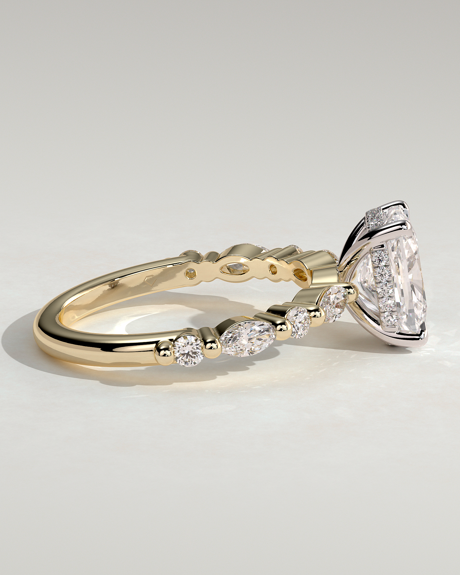 Cali - 4 Claw Elongated Cushion Solitaire with Accent Stones - 18k Yellow Gold / 18k White Gold