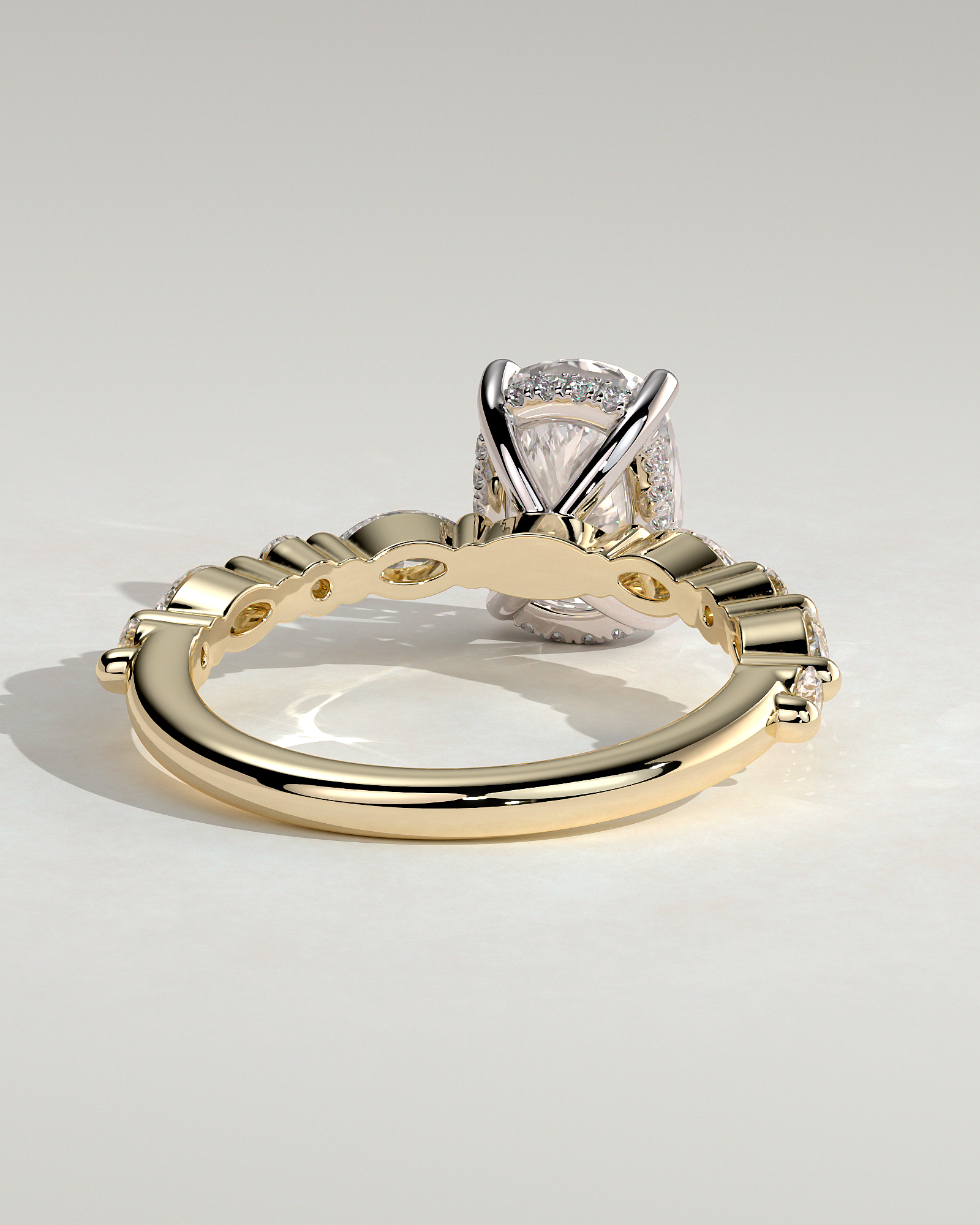 Cali - 4 Claw Elongated Cushion Solitaire with Accent Stones - 18k Yellow Gold / 18k White Gold