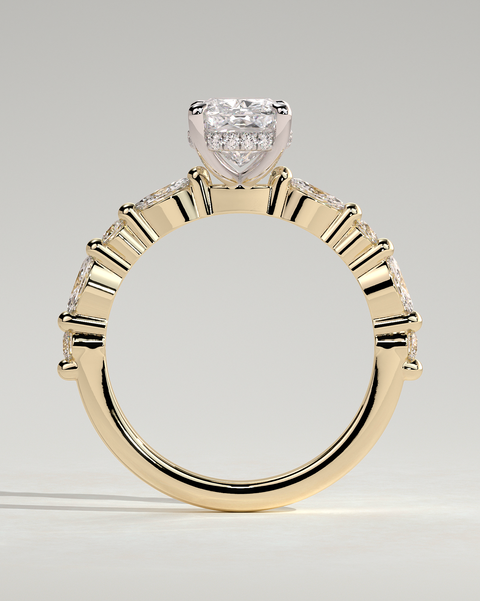 Cali - 4 Claw Elongated Cushion Solitaire with Accent Stones - 18k Yellow Gold / 18k White Gold