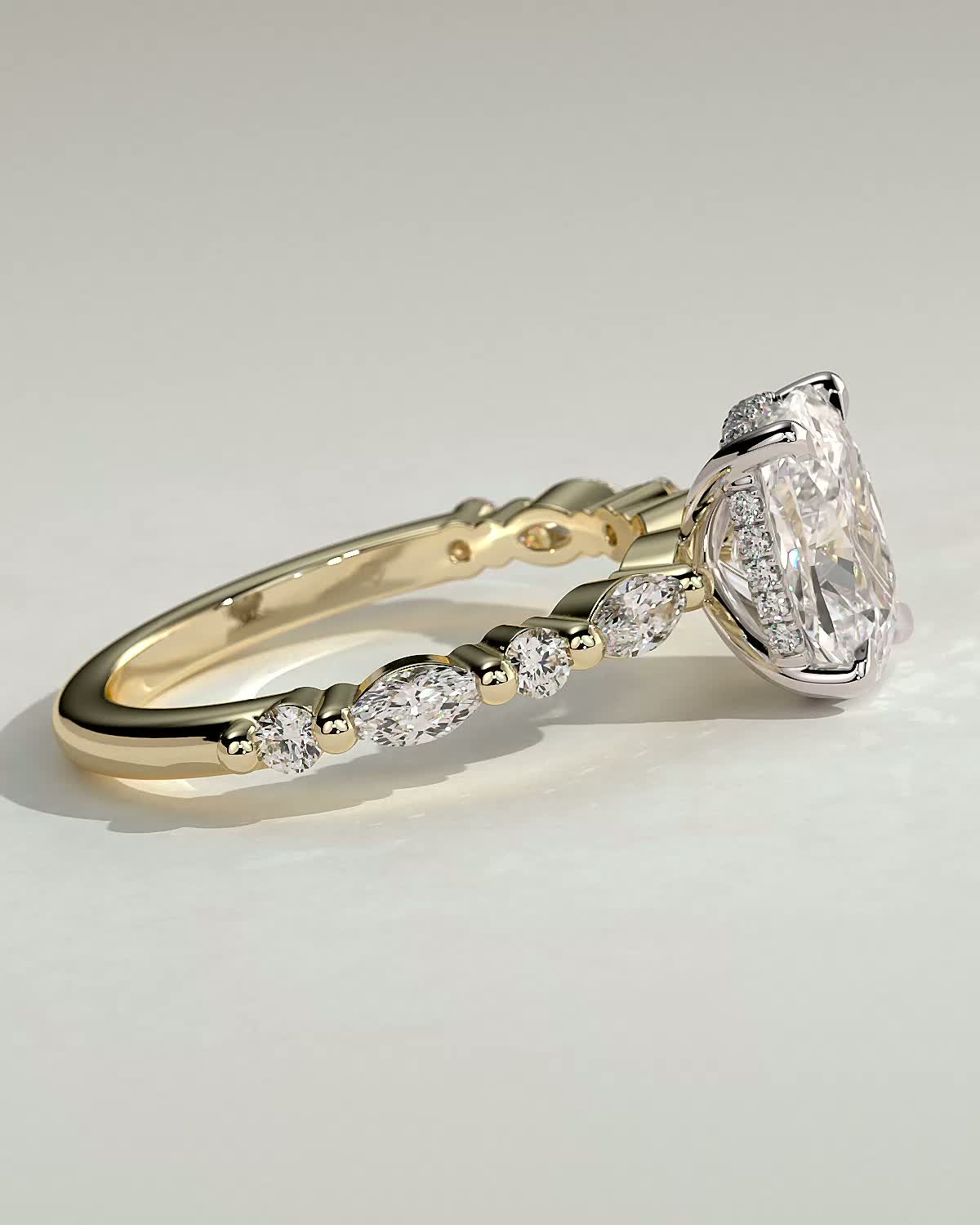 Cali - 4 Claw Elongated Cushion Solitaire with Accent Stones - 18k Yellow Gold / 18k White Gold