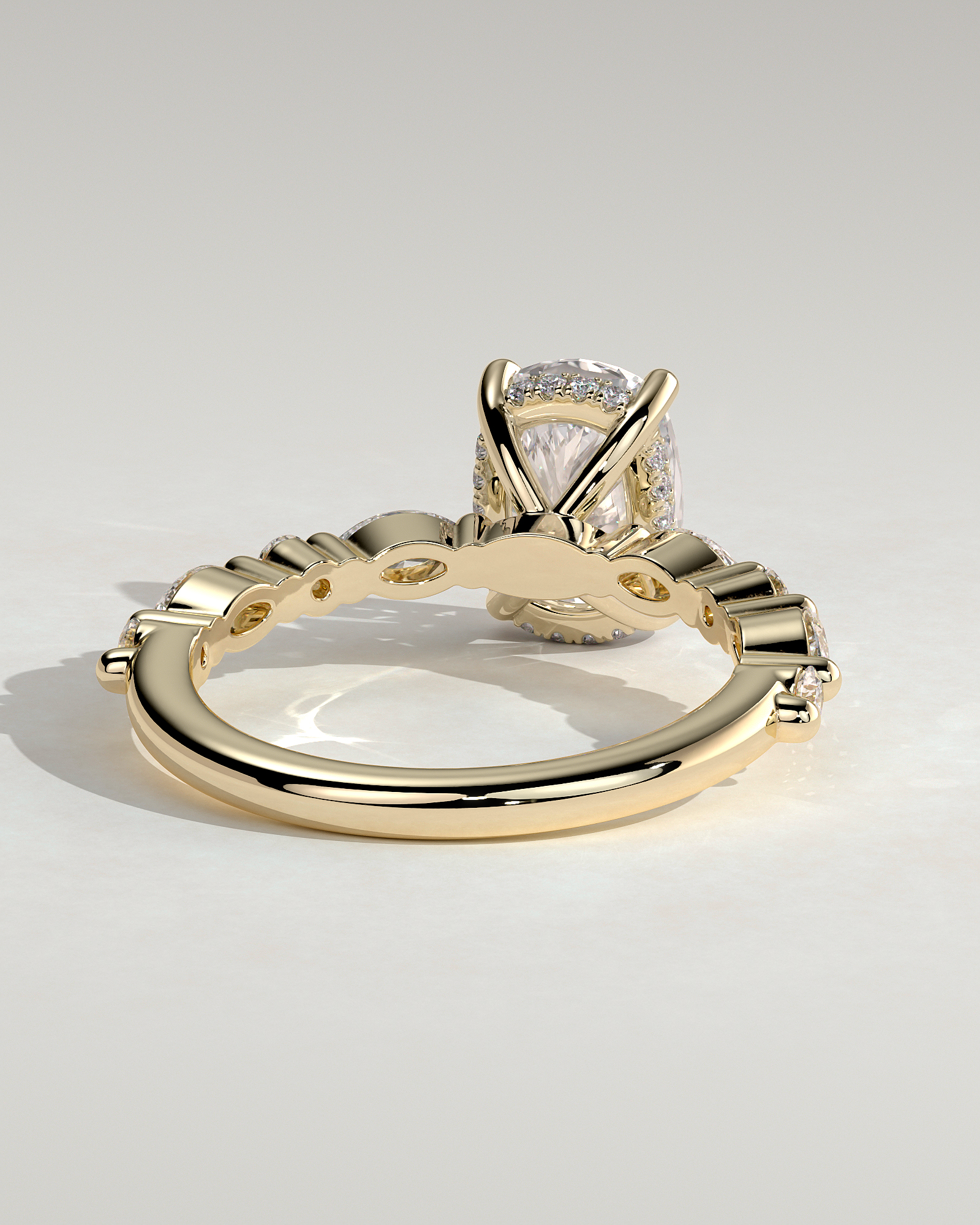Cali - 4 Claw Elongated Cushion Solitaire with Accent Stones - 18k Yellow Gold