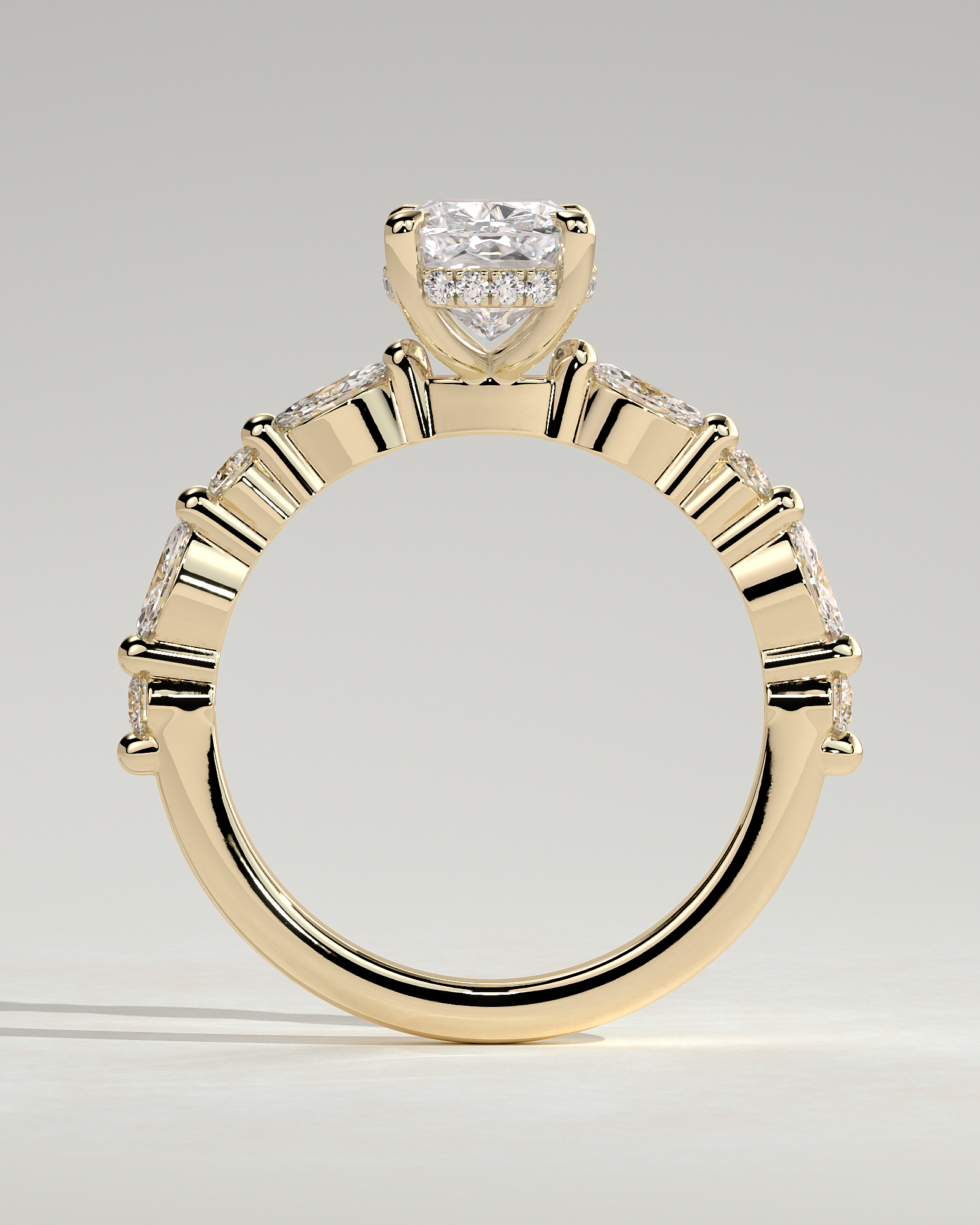 Cali - 4 Claw Elongated Cushion Solitaire with Accent Stones - 18k Yellow Gold
