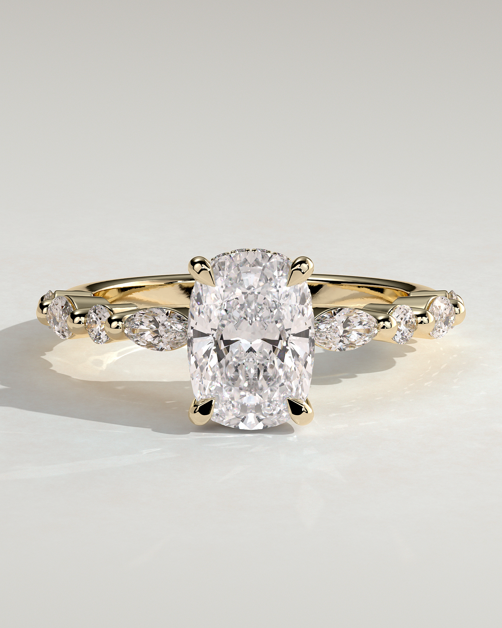Cali - 4 Claw Elongated Cushion Solitaire with Accent Stones - 18k Yellow Gold