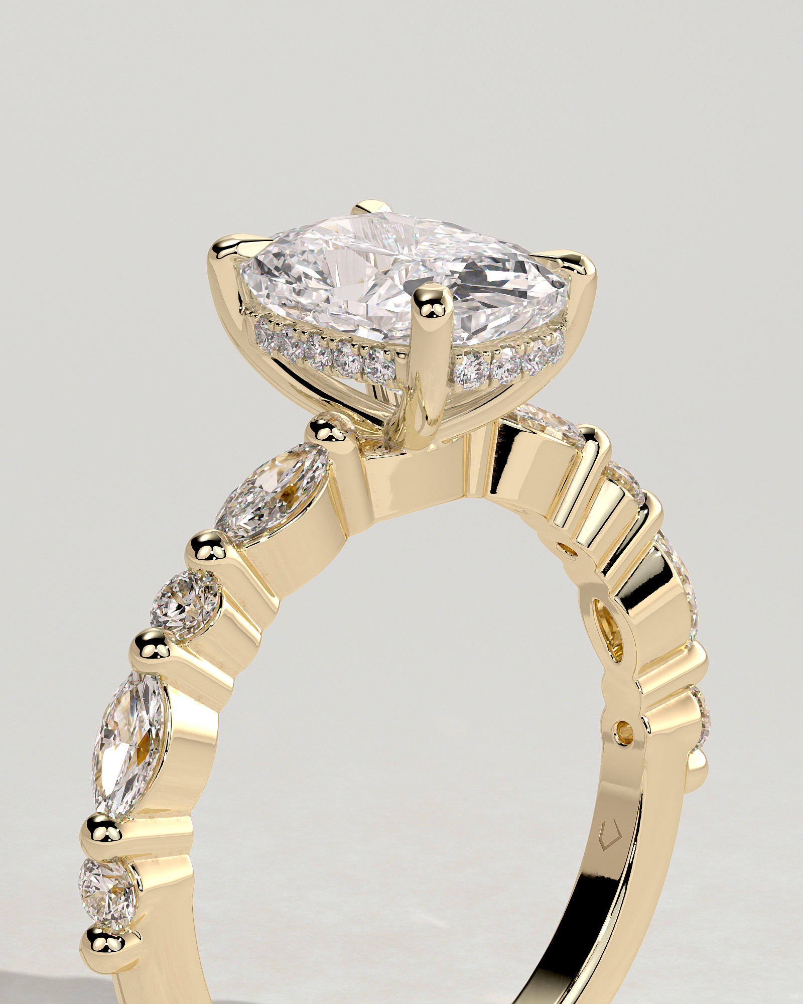Cali - 4 Claw Elongated Cushion Solitaire with Accent Stones - 18k Yellow Gold