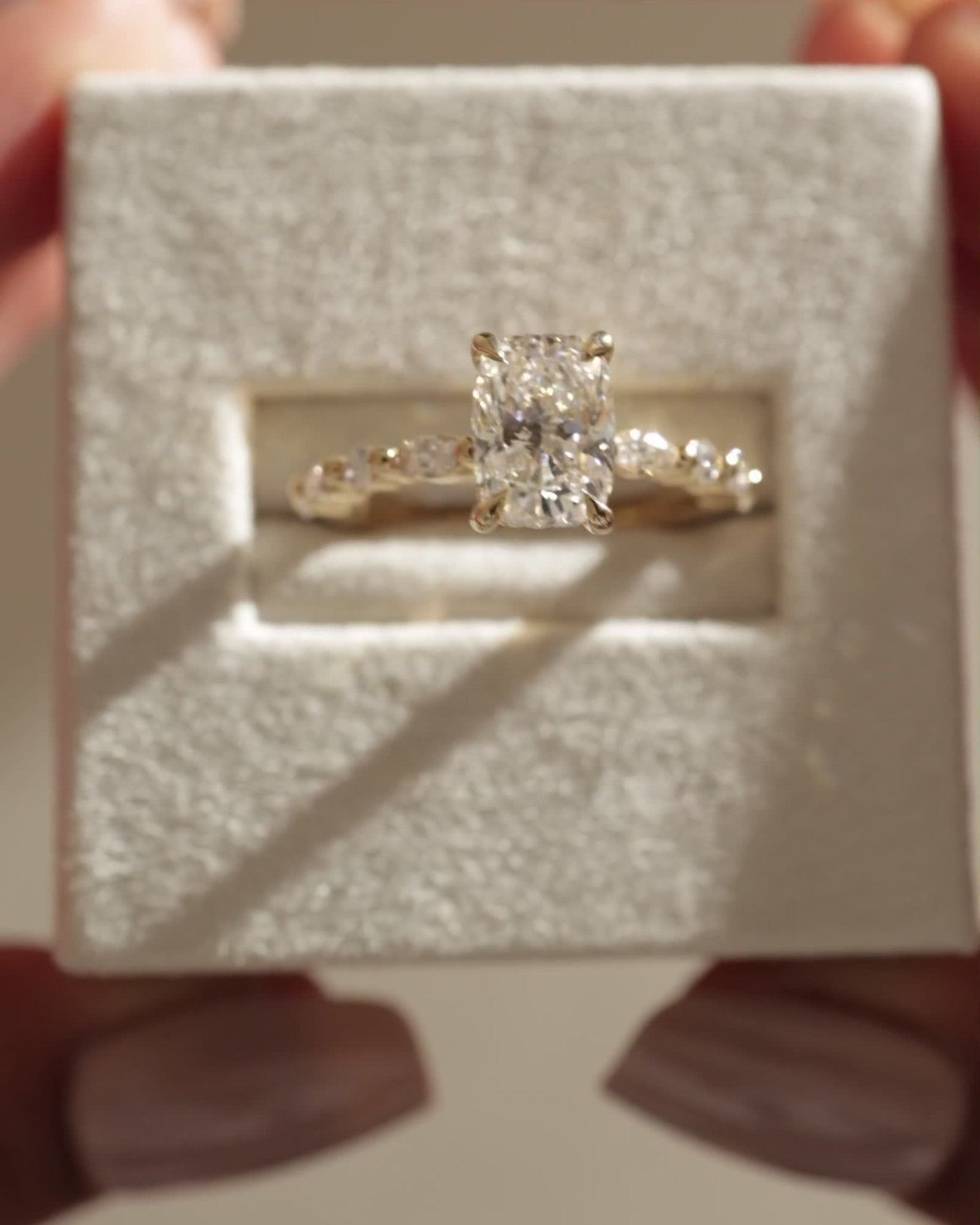 Cali - 4 Claw Elongated Cushion Solitaire with Accent Stones Lifestyle Image