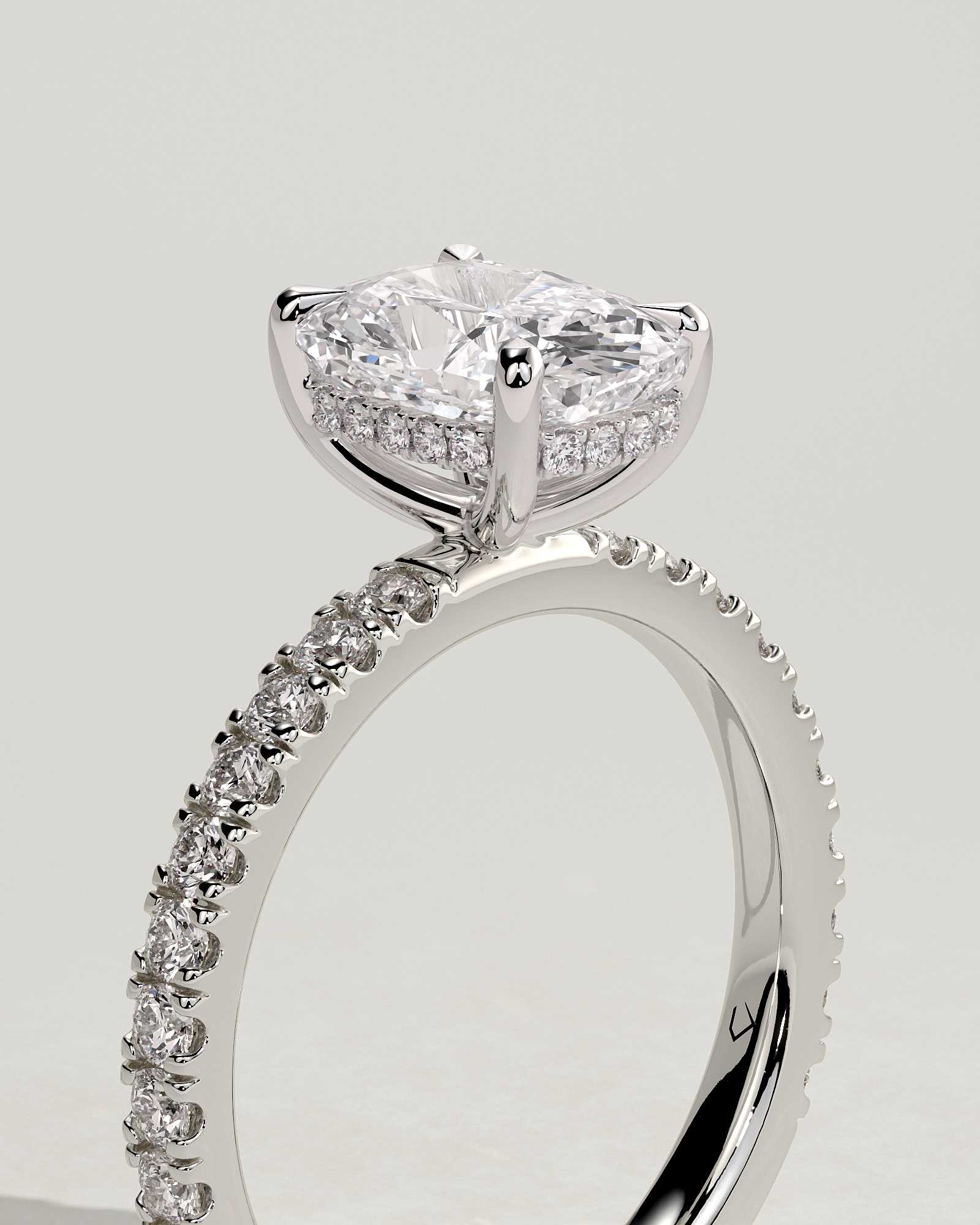 Camilla  Elongated Cushion Solitaire with Hidden Halo and Pav - 18k White Gold