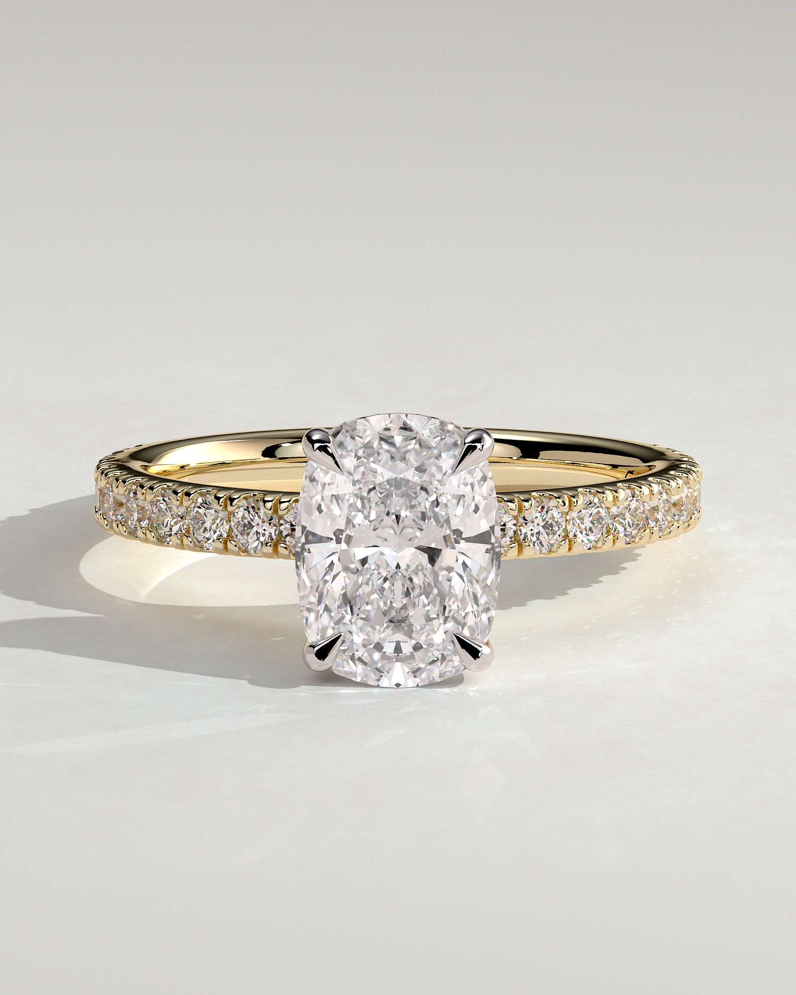 Camilla  Elongated Cushion Solitaire with Hidden Halo and Pav - 18k Yellow Gold / 18k White Gold