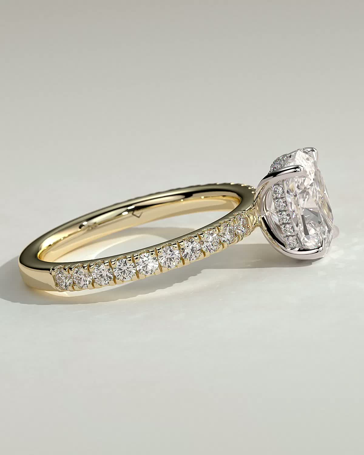 Camilla  Elongated Cushion Solitaire with Hidden Halo and Pav - 18k Yellow Gold / 18k White Gold