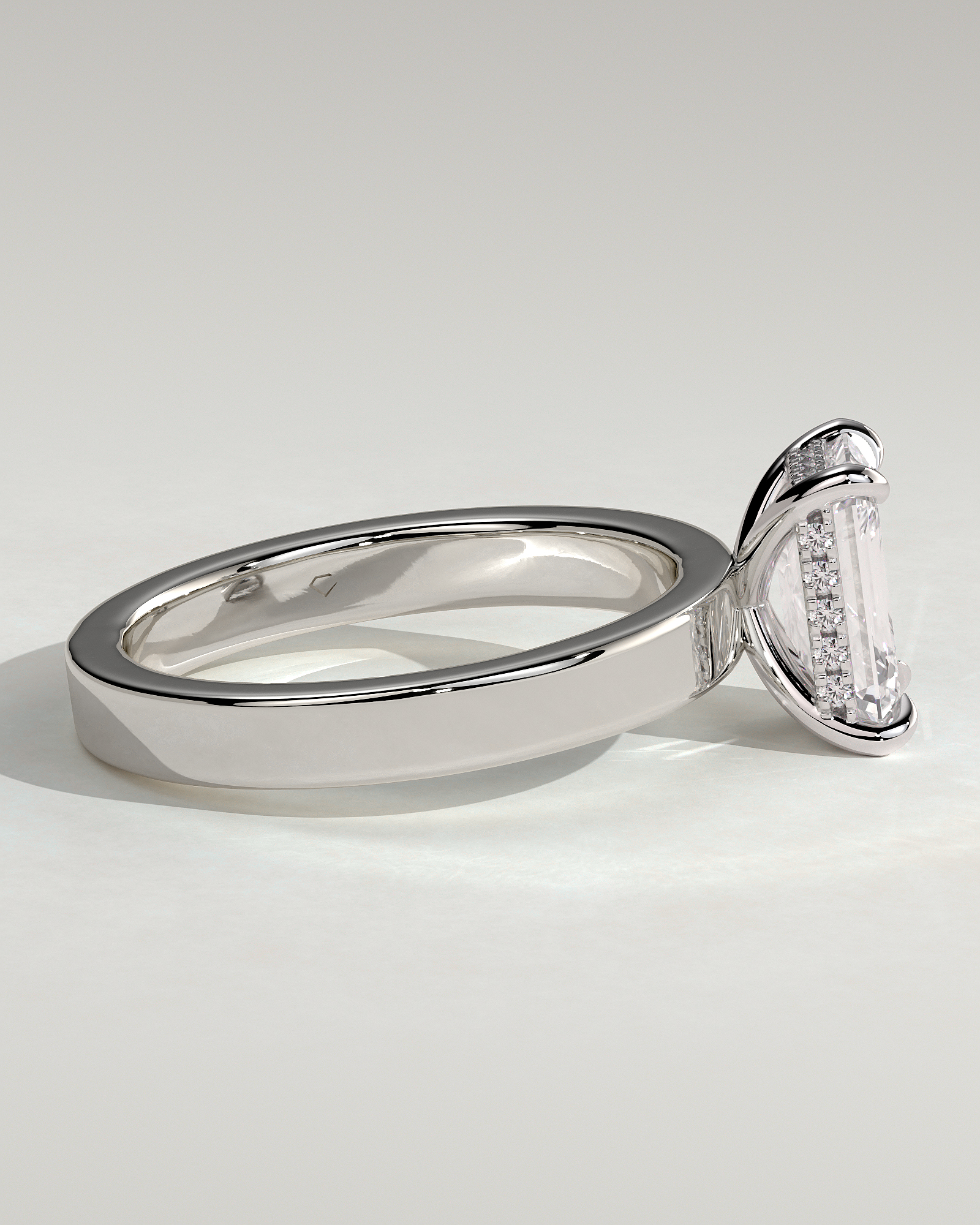 Carmella - Emerald 4 Claw Solitaire with Flat Cigar Band and Hidden Halo Engagement Ring - 18k White Gold High Setting