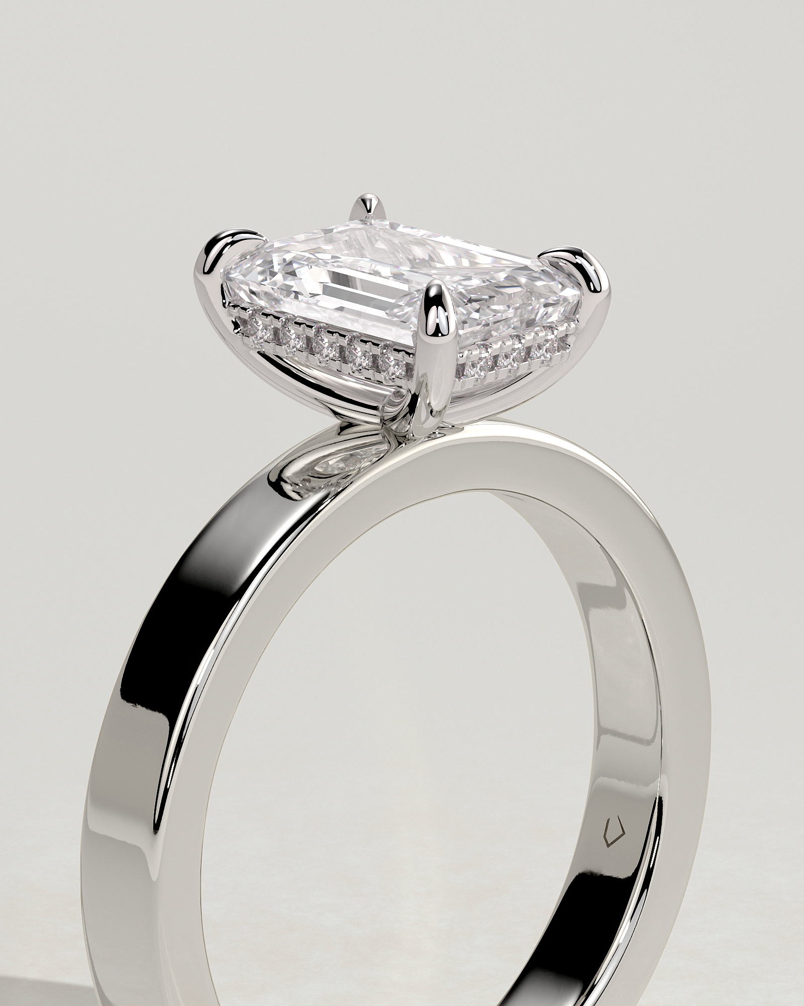 Carmella - Emerald 4 Claw Solitaire with Flat Cigar Band and Hidden Halo Engagement Ring - 18k White Gold High Setting