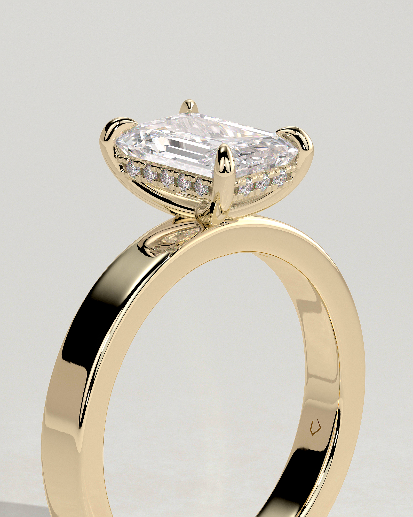 Carmella - Emerald 4 Claw Solitaire with Flat Cigar Band and Hidden Halo Engagement Ring - 18k Yellow Gold High Setting