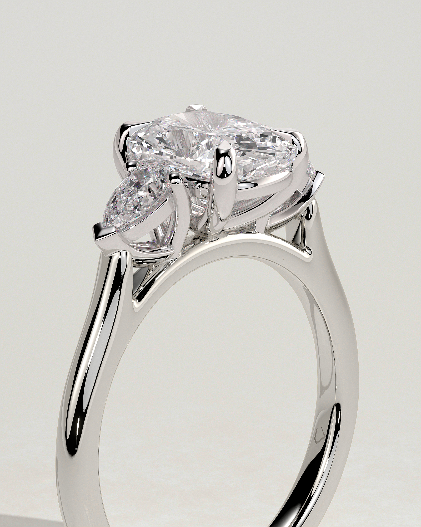 Cataleya - 4 Claw Elongated Cushion with Accent Stones - 18k White Gold