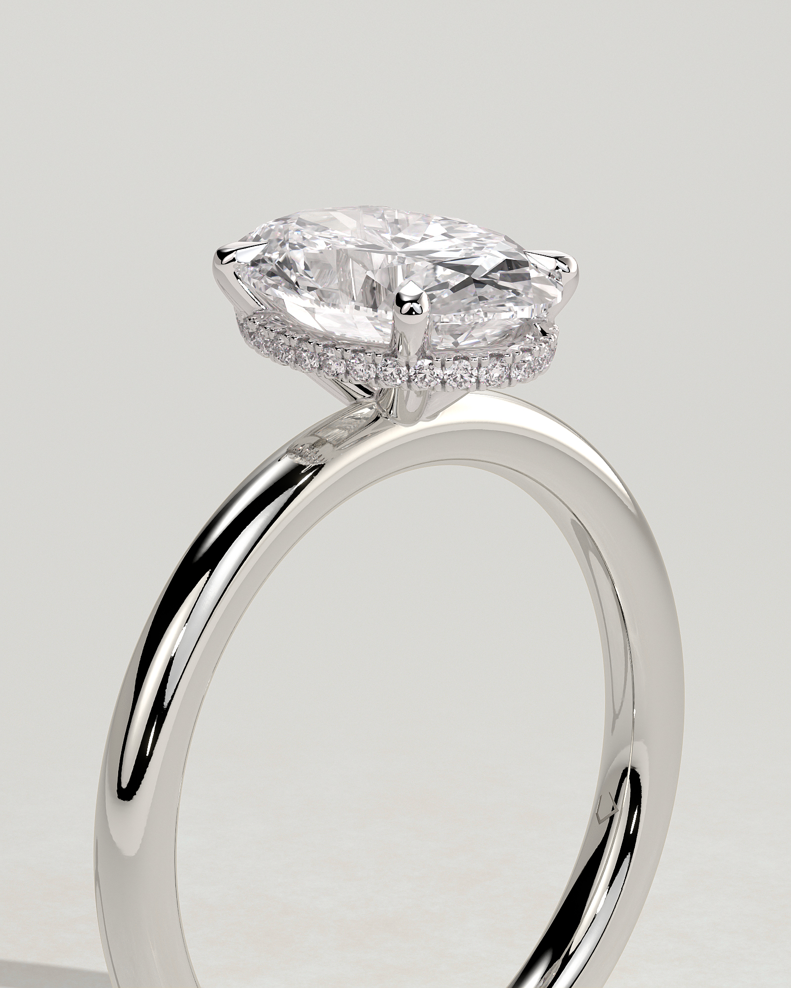 Cecilia - Oval Solitaire with Wrap Around Hidden Halo - 18k White Gold