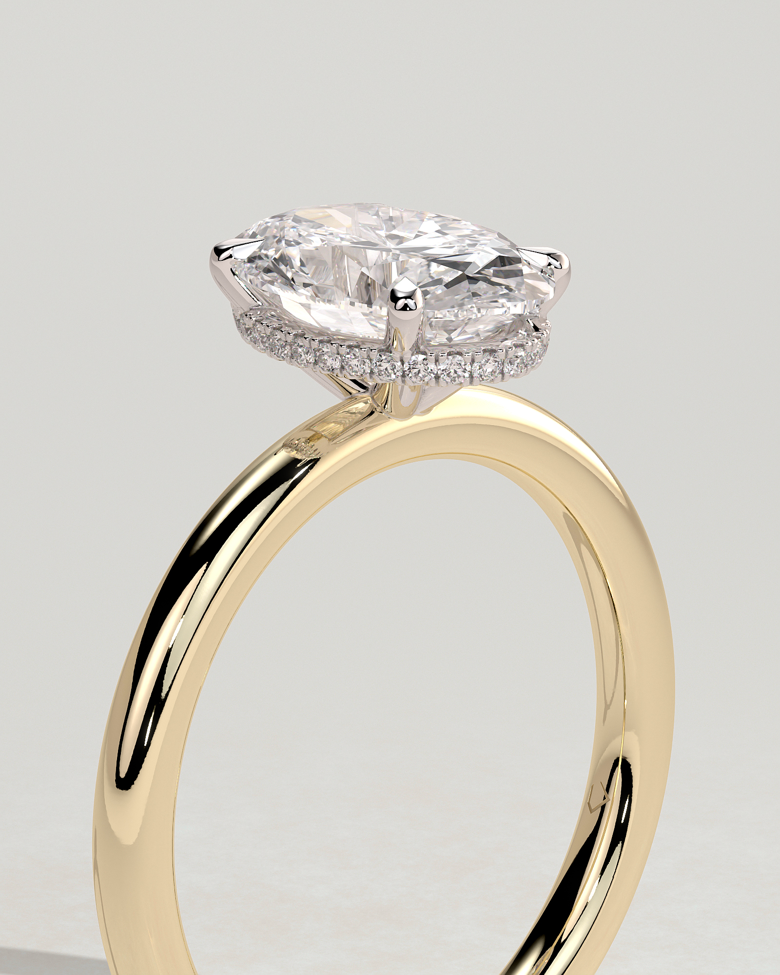 Cecilia - Oval Solitaire with Wrap Around Hidden Halo - 18k Yellow Gold / 18k White Gold