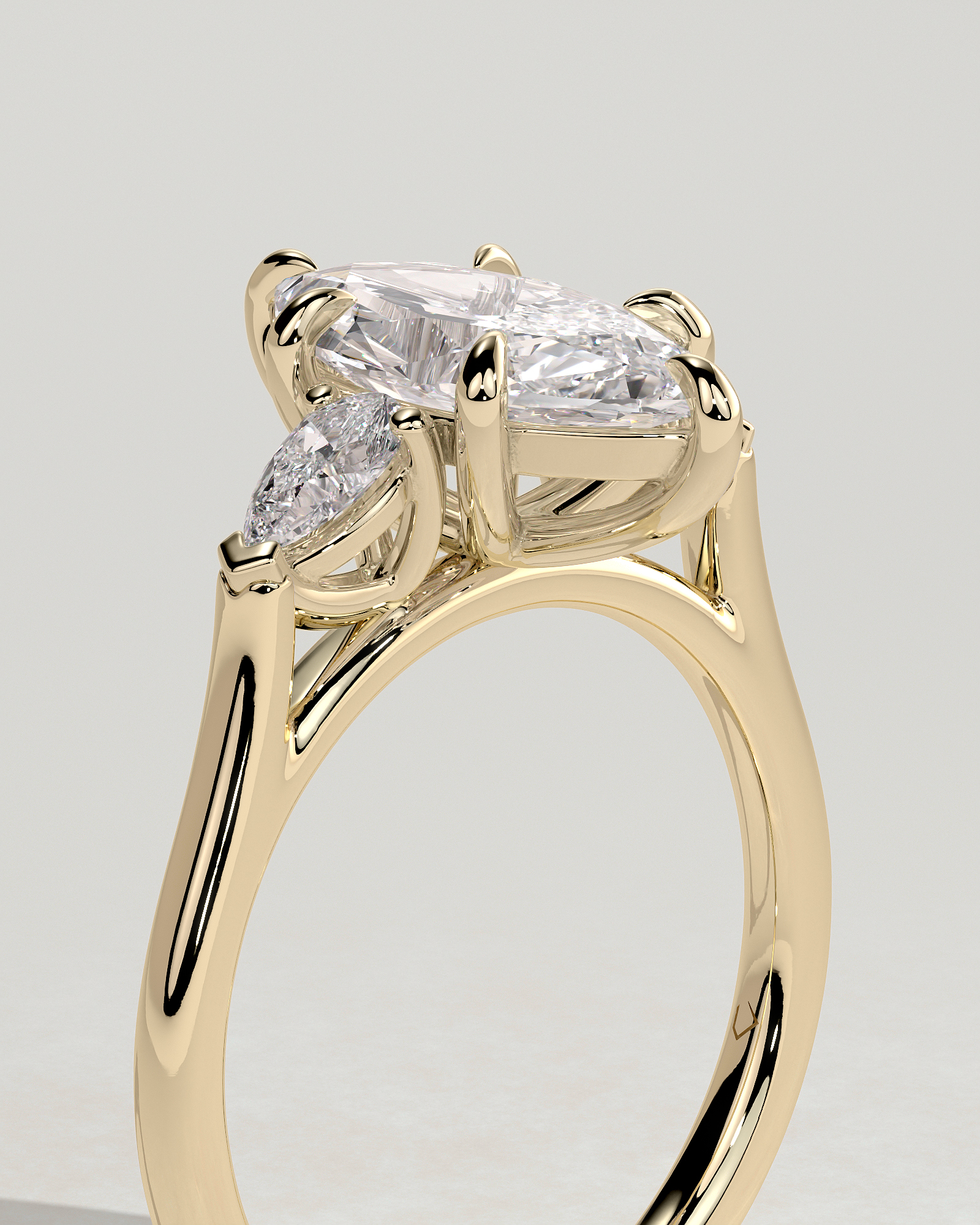 Marquise 6 Claw Trilogy with Pear Side Stones Engagement Ring - 18k Yellow Gold