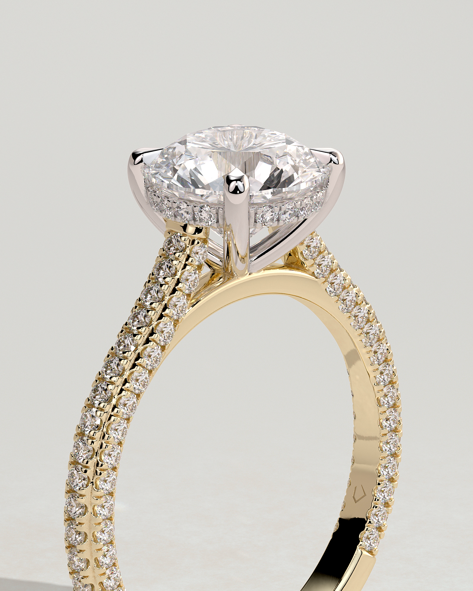 Chelsea  4 Claw Triple Pav Cathedral Round Solitaire - 18k Yellow Gold / 18k White Gold