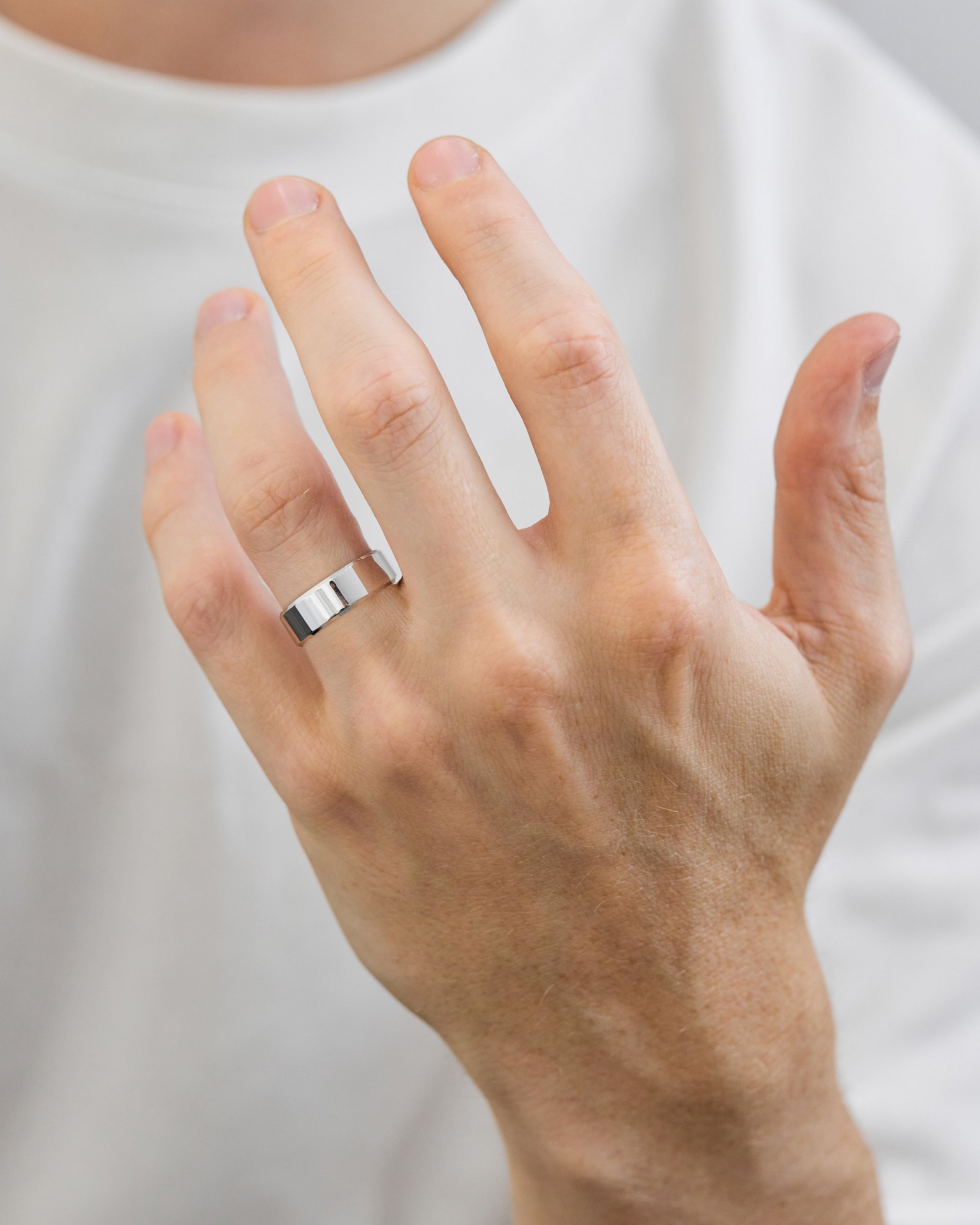 Classic Flat Bevel Mens Wedding Ring Lifestyle Image