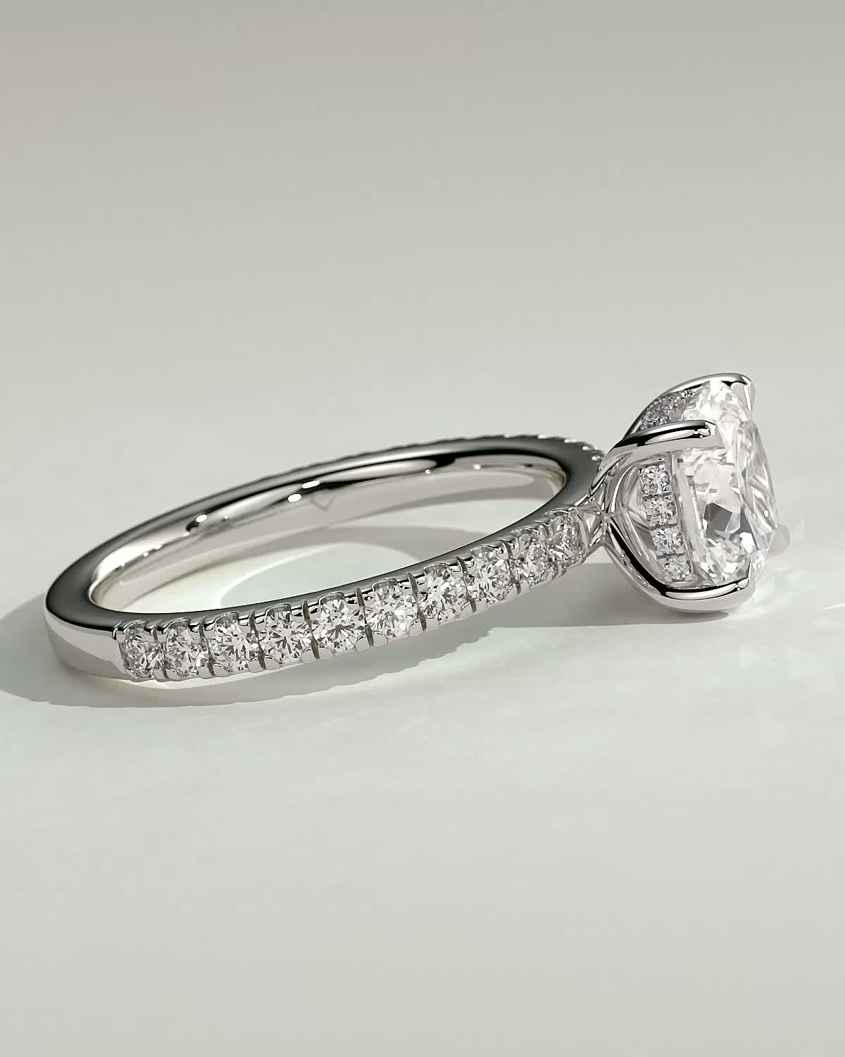 Claudia  Cushion Solitaire with Hidden Halo and Pave - 18k White Gold