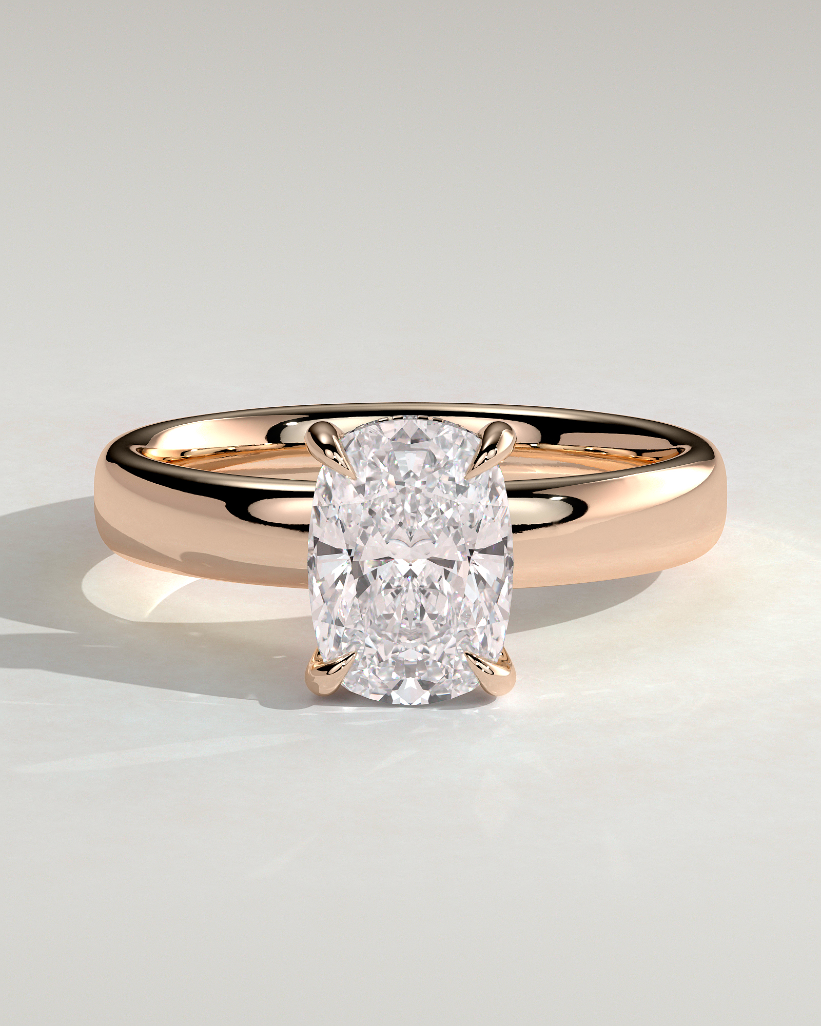 Cora - Elongated Cushion 4 Claw Solitaire with Cigar Band and Hidden Halo Engagement Ring - 18k Rose Gold High Setting
