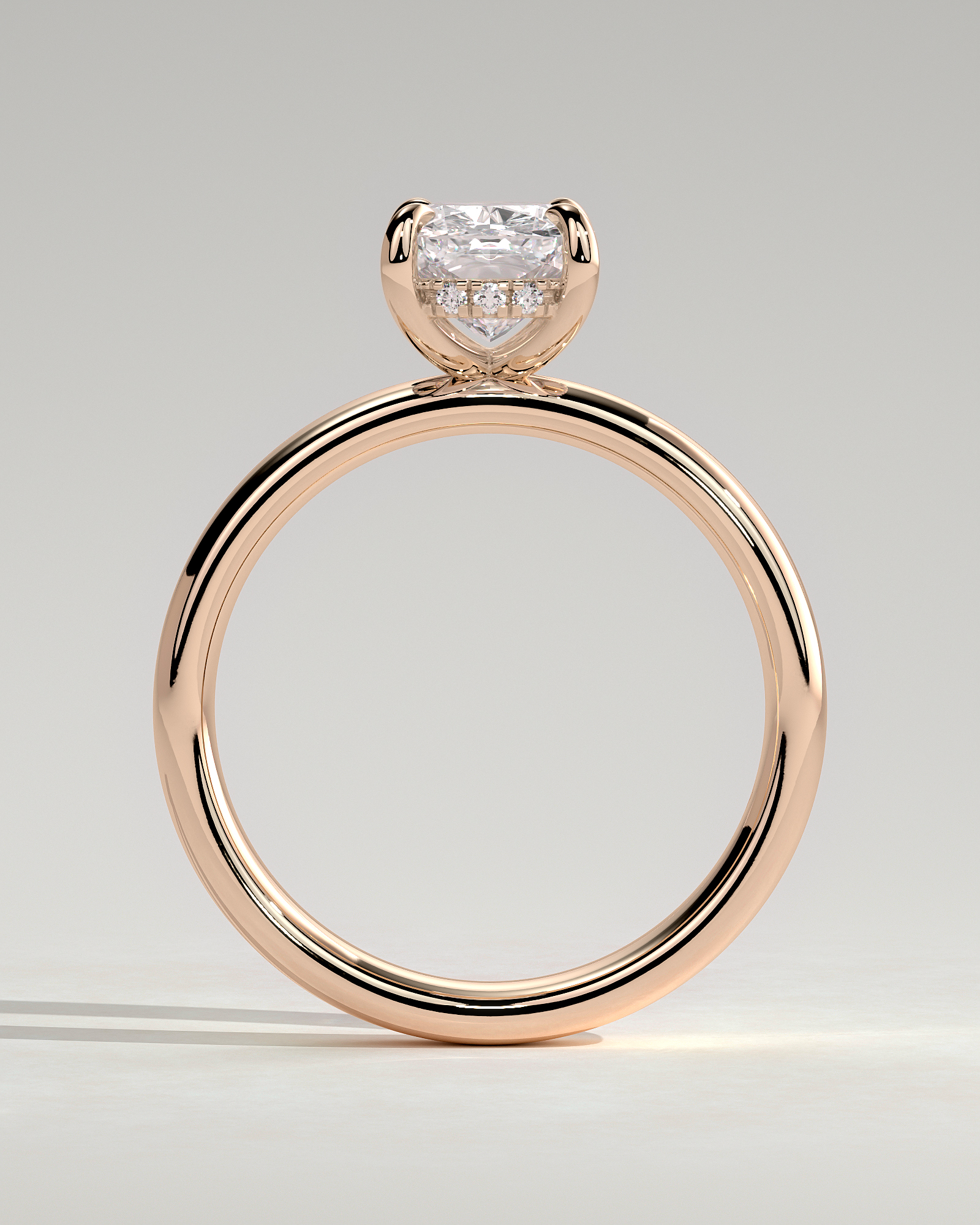 Cora - Elongated Cushion 4 Claw Solitaire with Cigar Band and Hidden Halo Engagement Ring - 18k Rose Gold High Setting