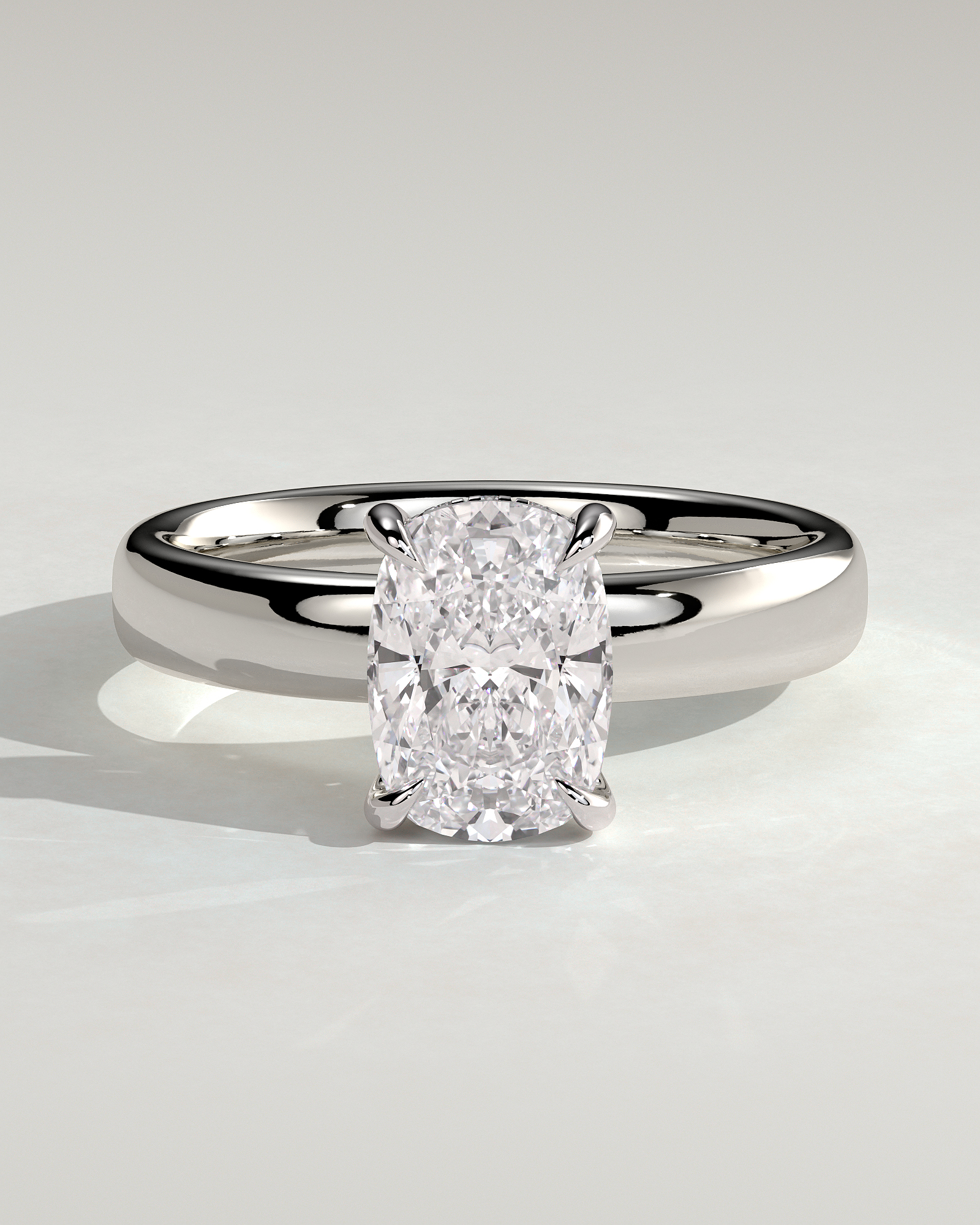 Cora - Elongated Cushion 4 Claw Solitaire with Cigar Band and Hidden Halo Engagement Ring - 18k White Gold High Setting