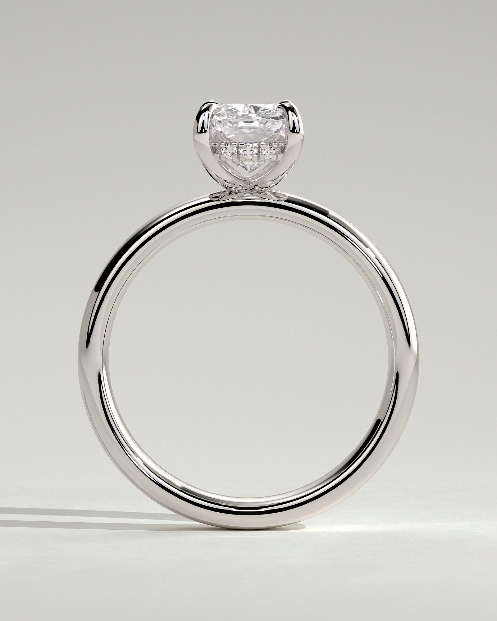 Cora - Elongated Cushion 4 Claw Solitaire with Cigar Band and Hidden Halo Engagement Ring - 18k White Gold High Setting
